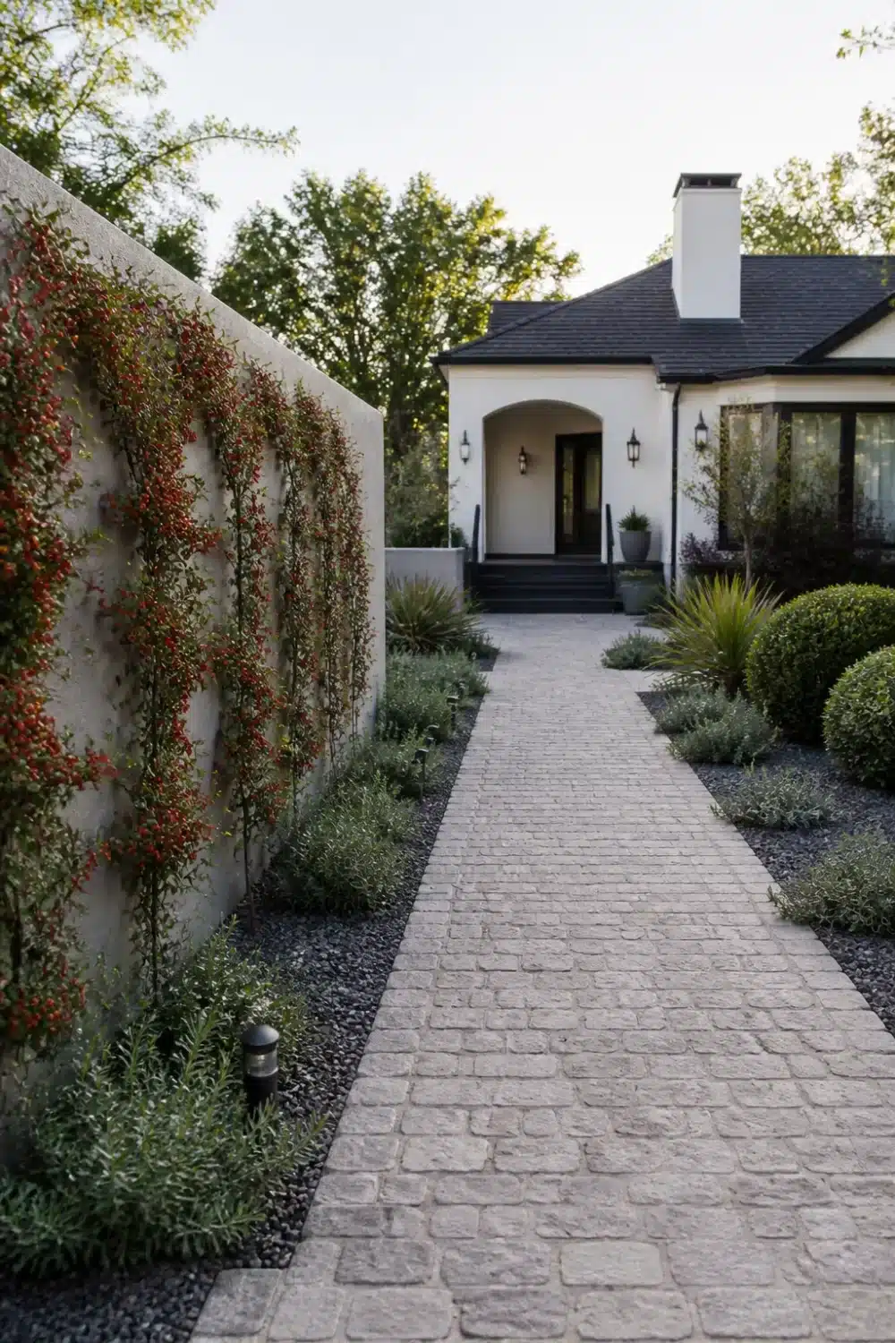 Cobblestone path with espaliered red berry shrub — no grass front yard landscaping with gravel borders