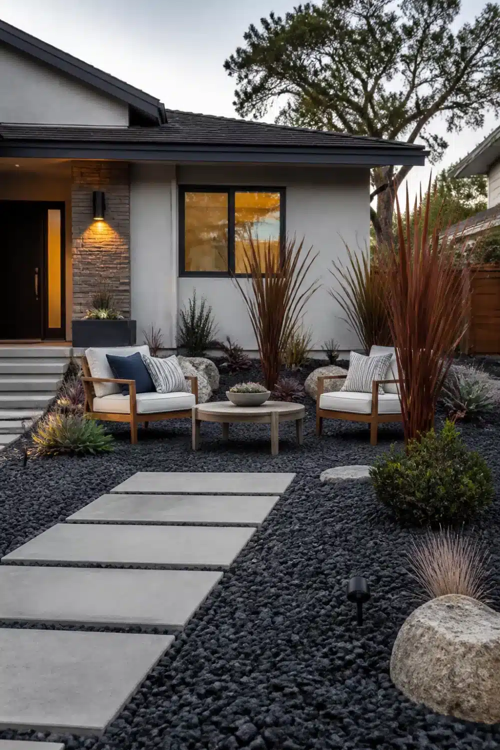 No grass front yard landscaping with black lava rock, red cordyline, concrete pavers, and teak seating at dusk.