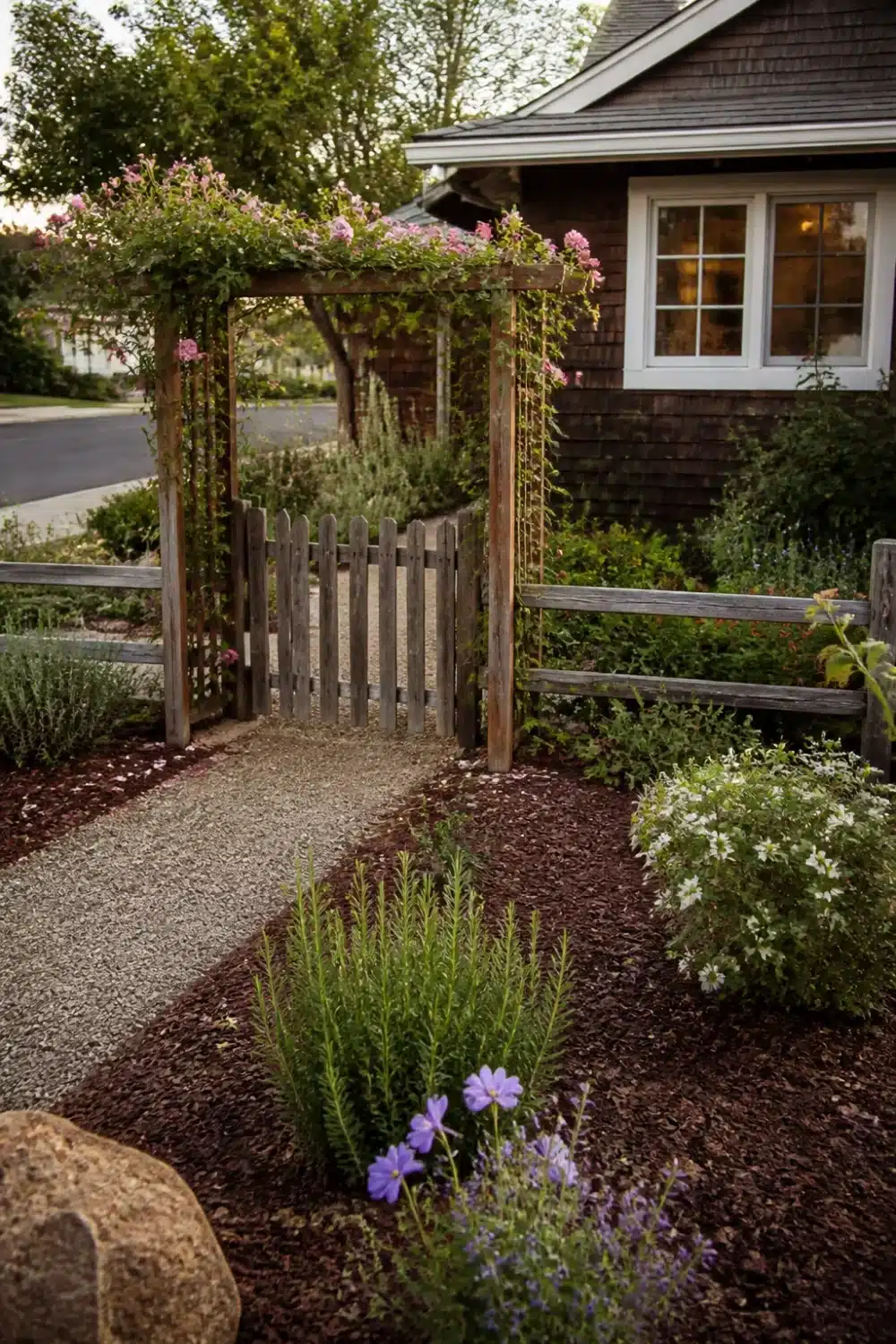 No grass front yard landscaping with bark mulch, climbing roses on a wood arbor gate, and gravel path.