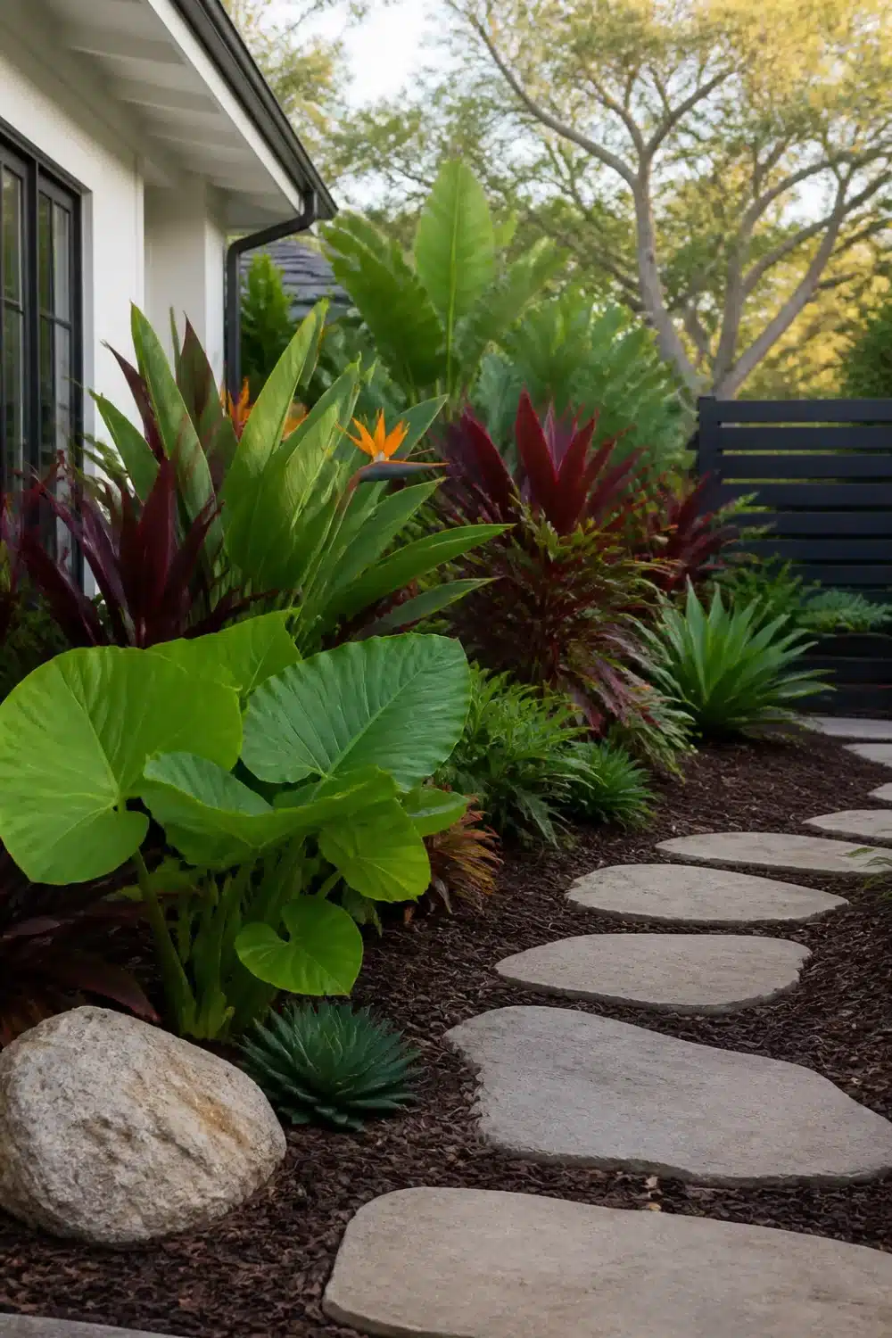 No grass front yard landscaping with tropical foliage, dark mulch, stepping stones, bird of paradise, and elephant ears.