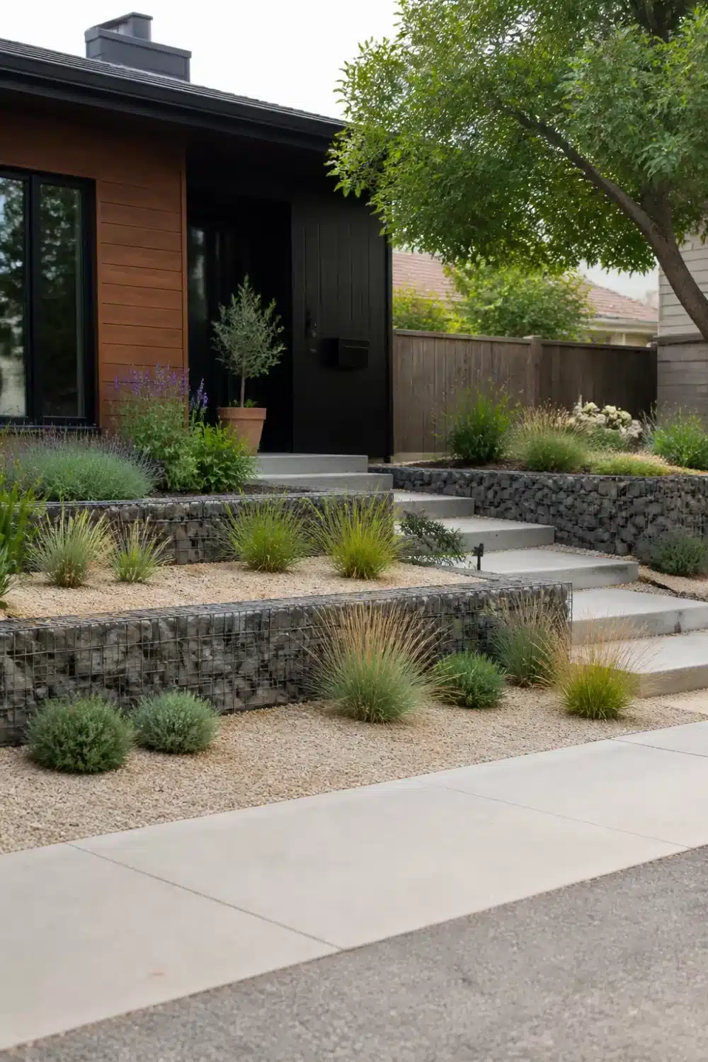 No grass front yard landscaping with gabion retaining walls, gravel ground cover, and ornamental grasses on a terraced slope.