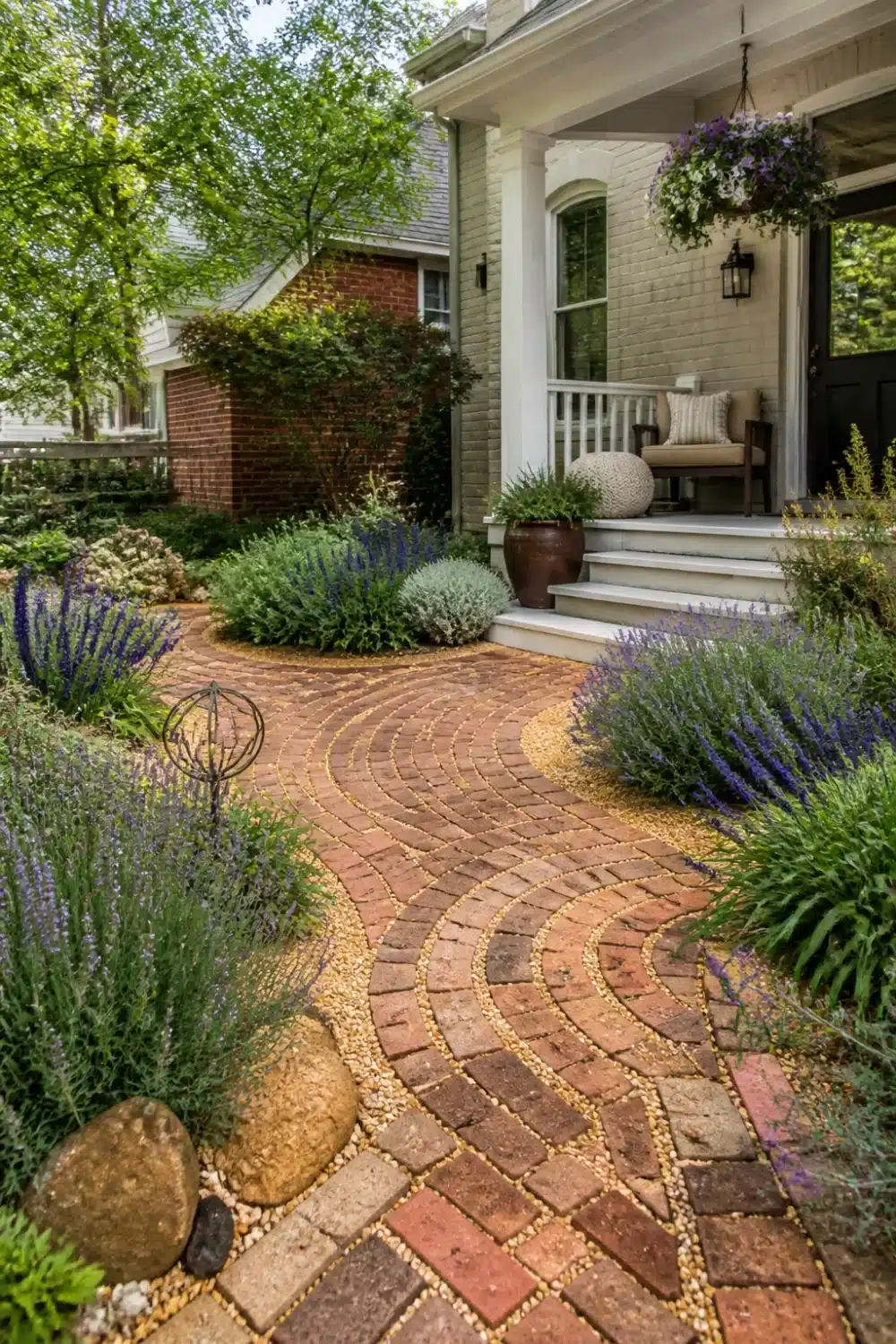 No grass front yard landscaping with recycled brick mosaic path, lavender borders, and gravel joints leading to a porch.