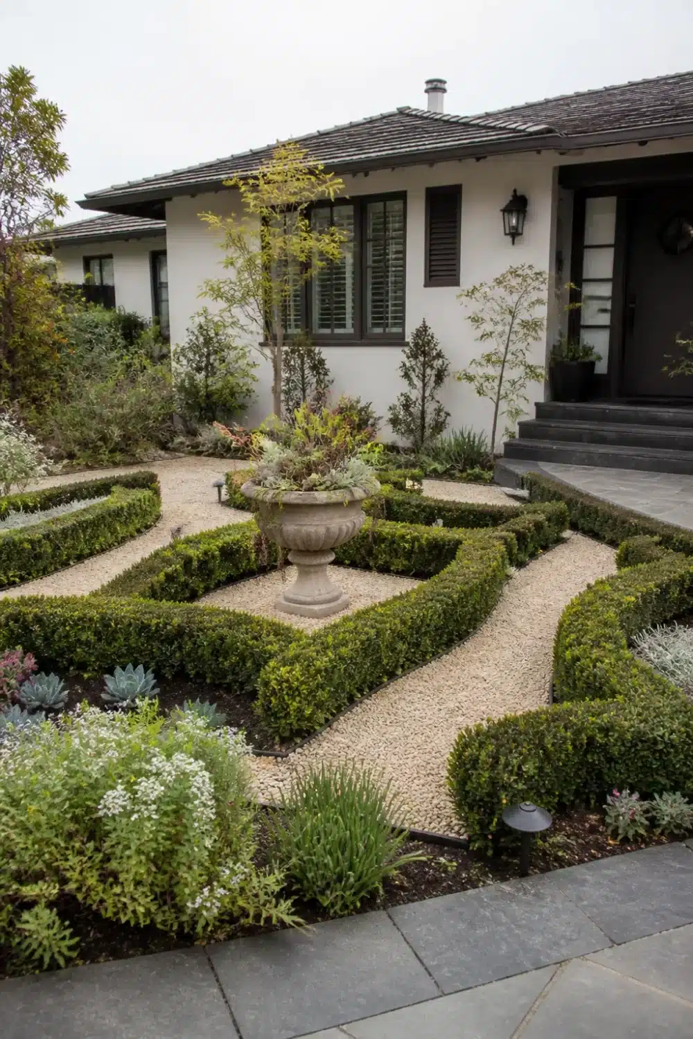 No grass front yard landscaping with clipped boxwood knot garden, pea gravel paths, and a planted stone urn centerpiece.