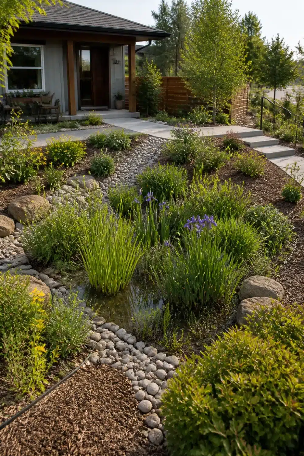 No grass front yard landscaping with a rain garden, river rock edging, blue iris, and native sedges