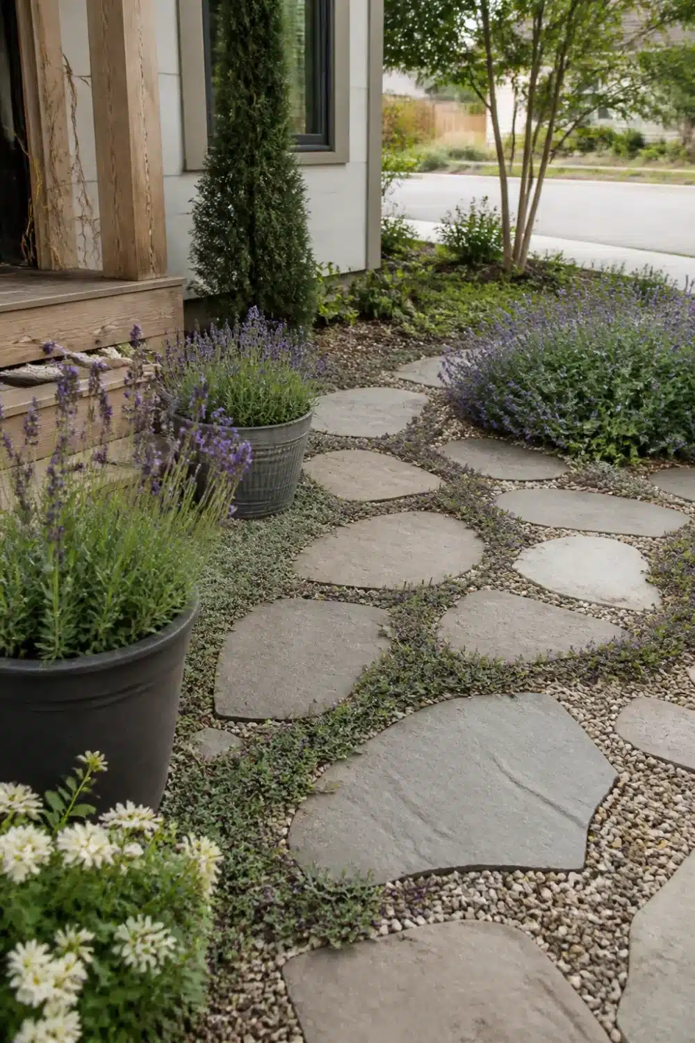 No grass front yard landscaping with flagstone stepping stones, creeping thyme, pea gravel, and lavender borders.