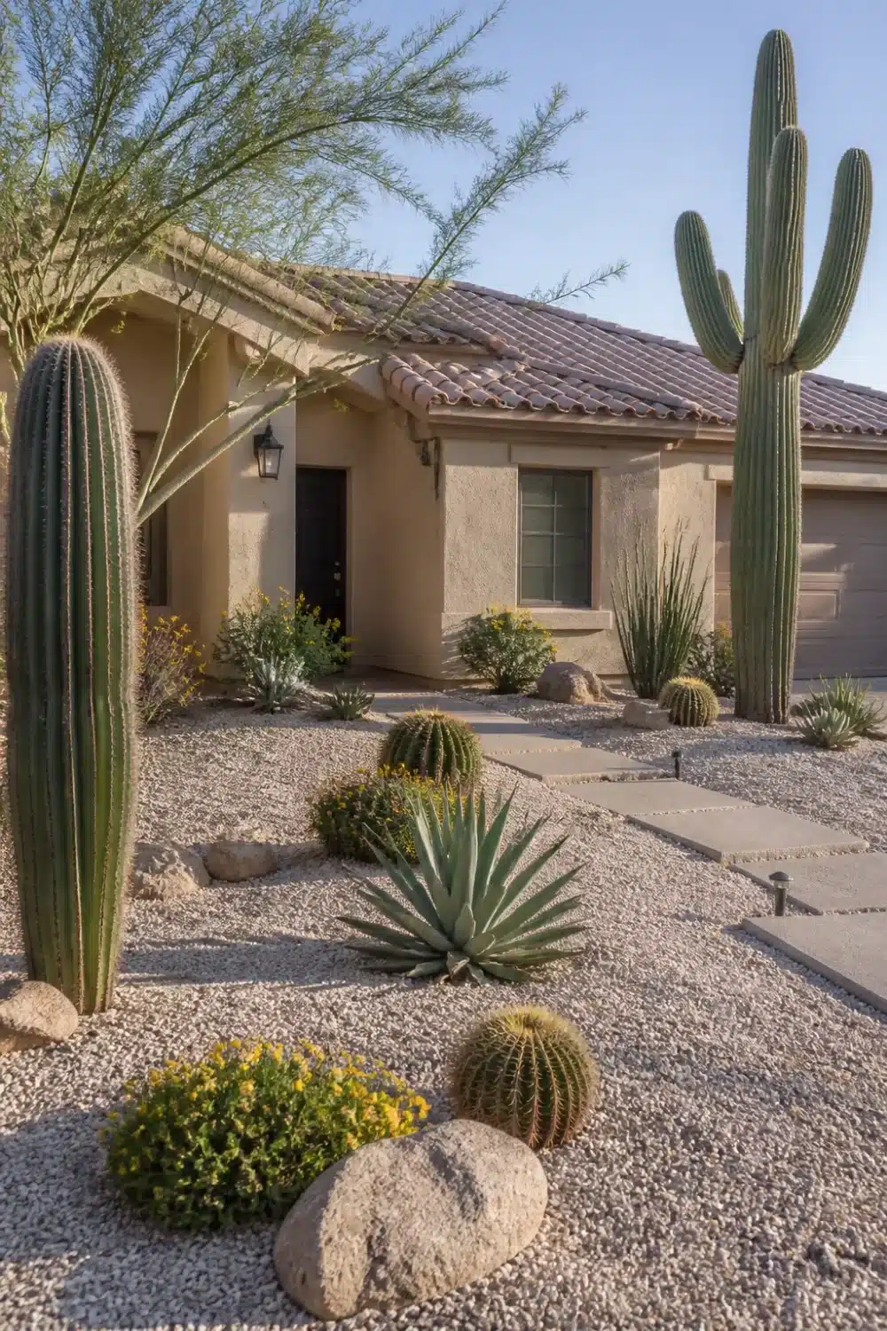 No grass front yard landscaping with saguaro cactus, barrel cactus, agave, and gravel desert scape