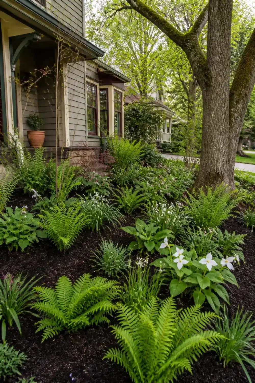 No grass front yard landscaping with dark mulch, ferns, and white trillium under a mature shade tree.