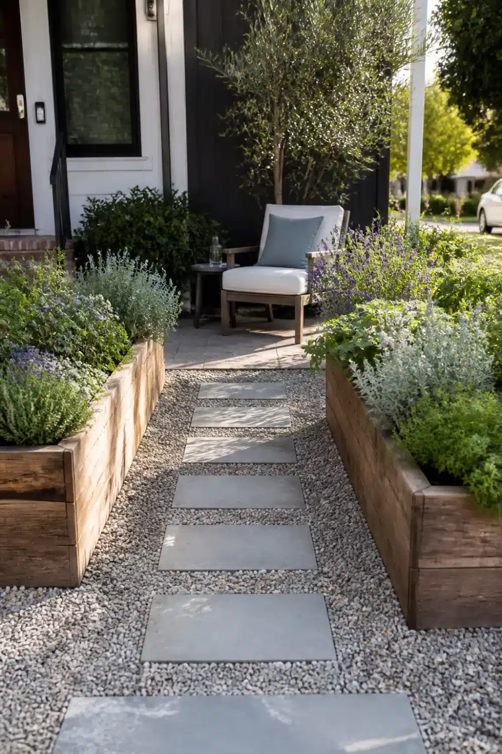 No grass front yard landscaping with pea gravel, timber raised planters, catmint, and concrete stepping pavers.