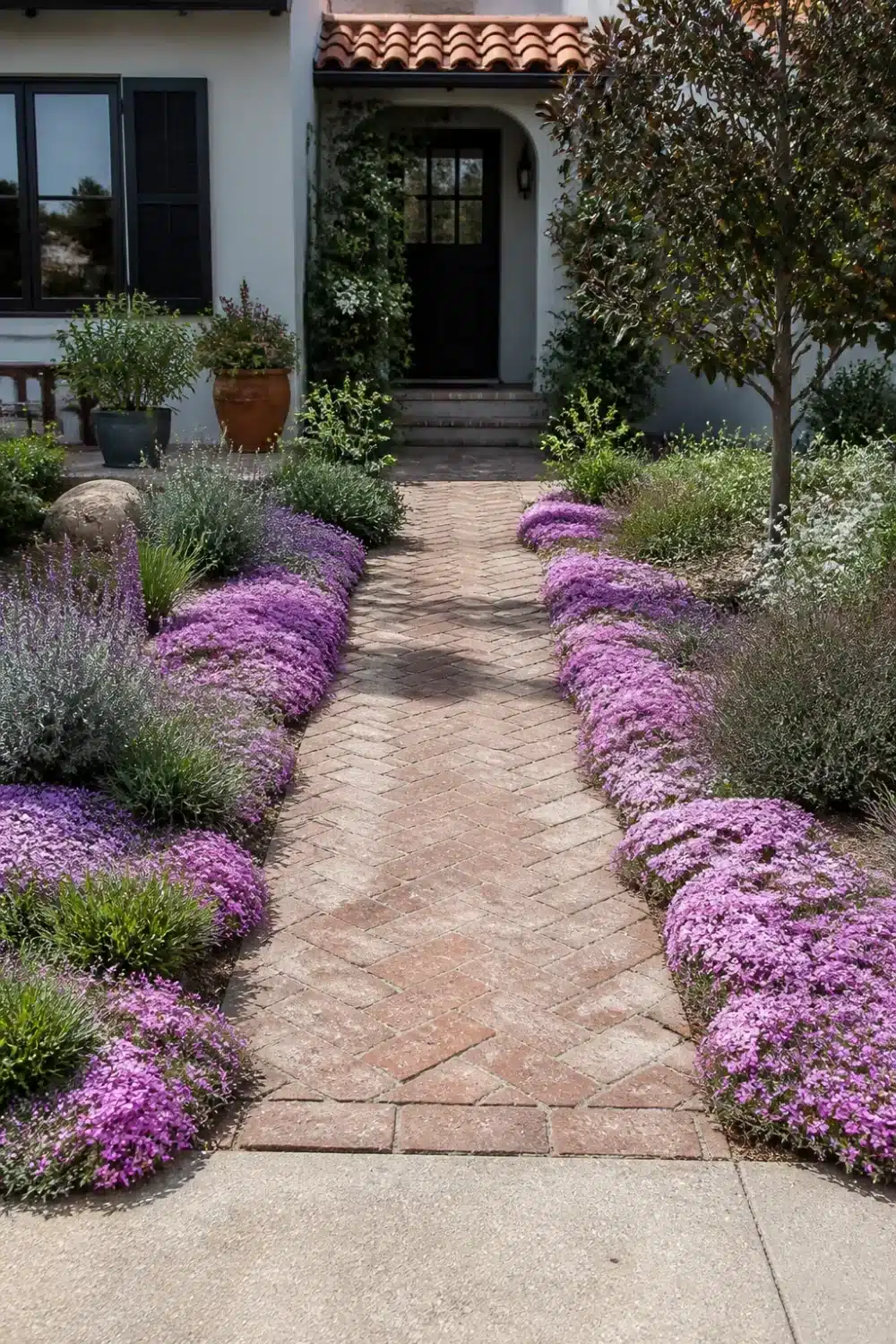 No grass front yard landscaping with herringbone brick path lined with purple creeping phlox and lavender borders
