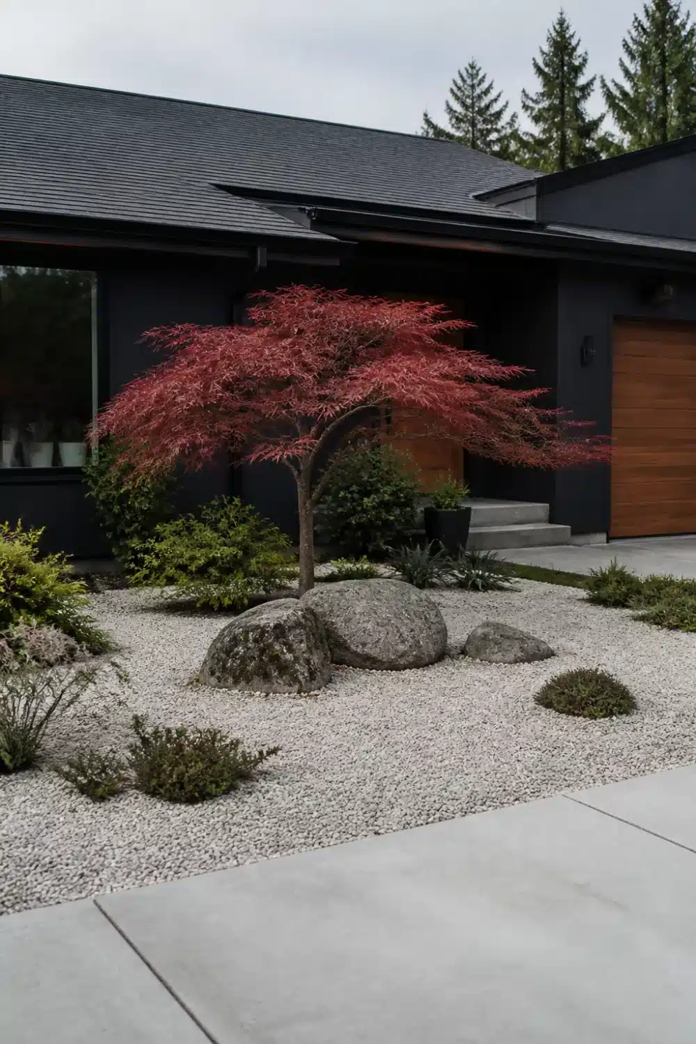 No grass front yard landscaping with Japanese maple, white pea gravel, and boulders in a zen garden design