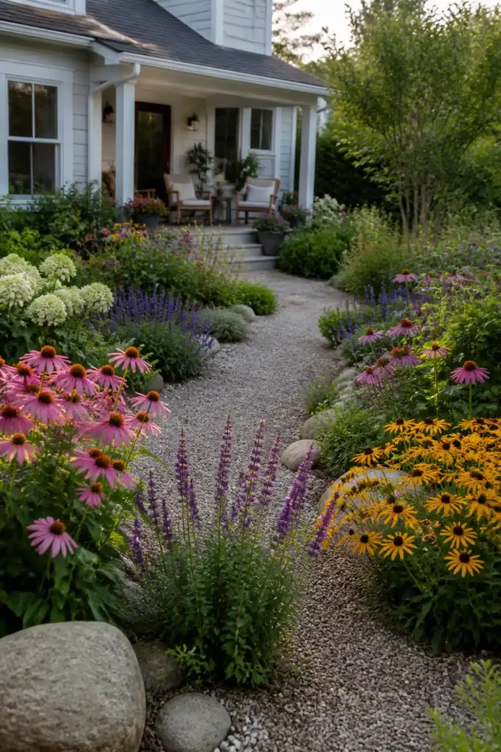 No grass front yard landscaping with gravel path, echinacea, black-eyed Susans, and purple salvia perennial borders