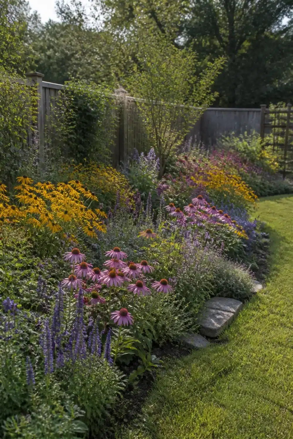 Classic cottage pollinator garden design with echinacea, rudbeckia, and salvia along a wood fence border