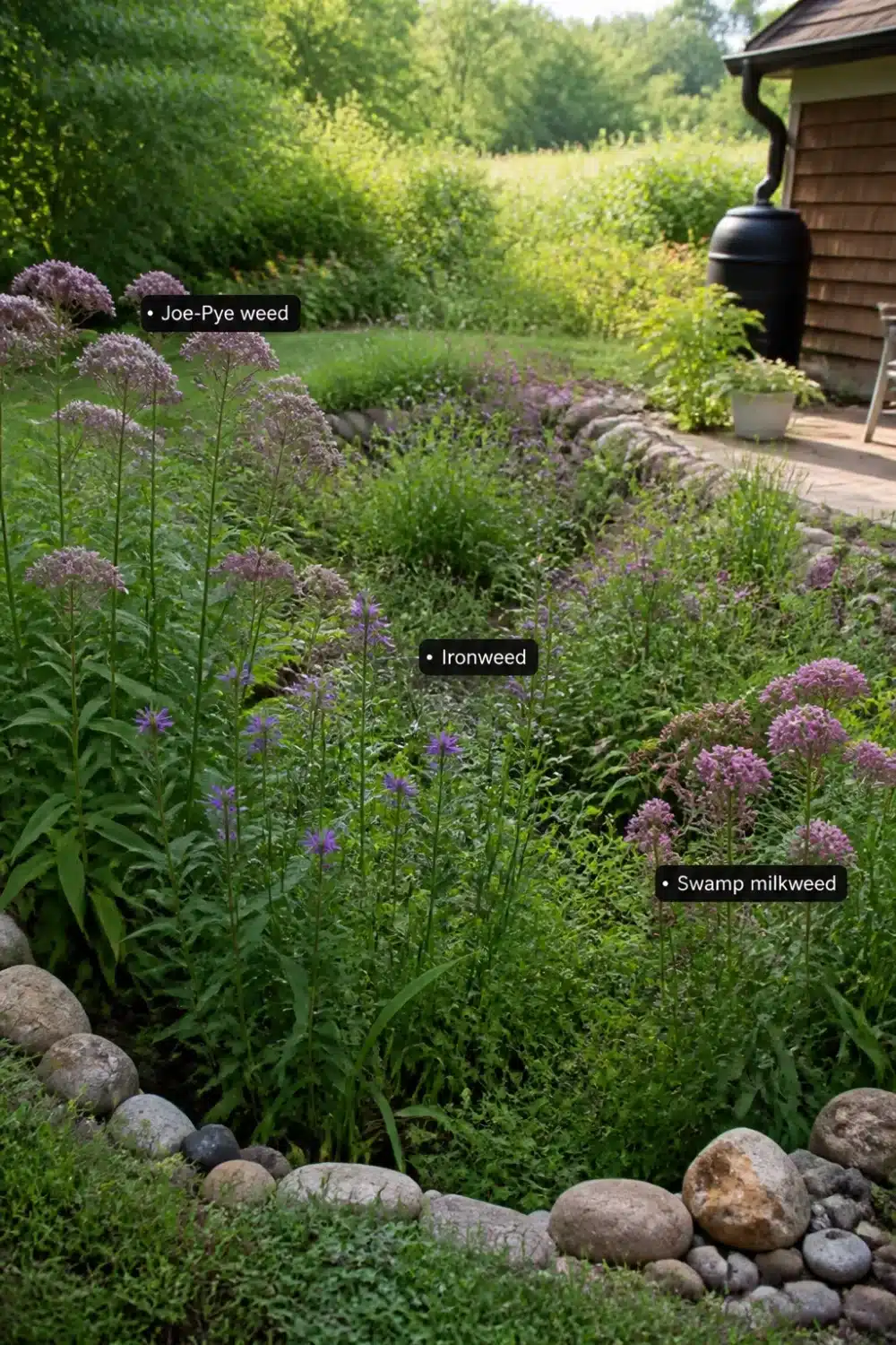 Rain garden pollinator garden design with Joe-Pye weed, ironweed, and swamp milkweed edged in river rock