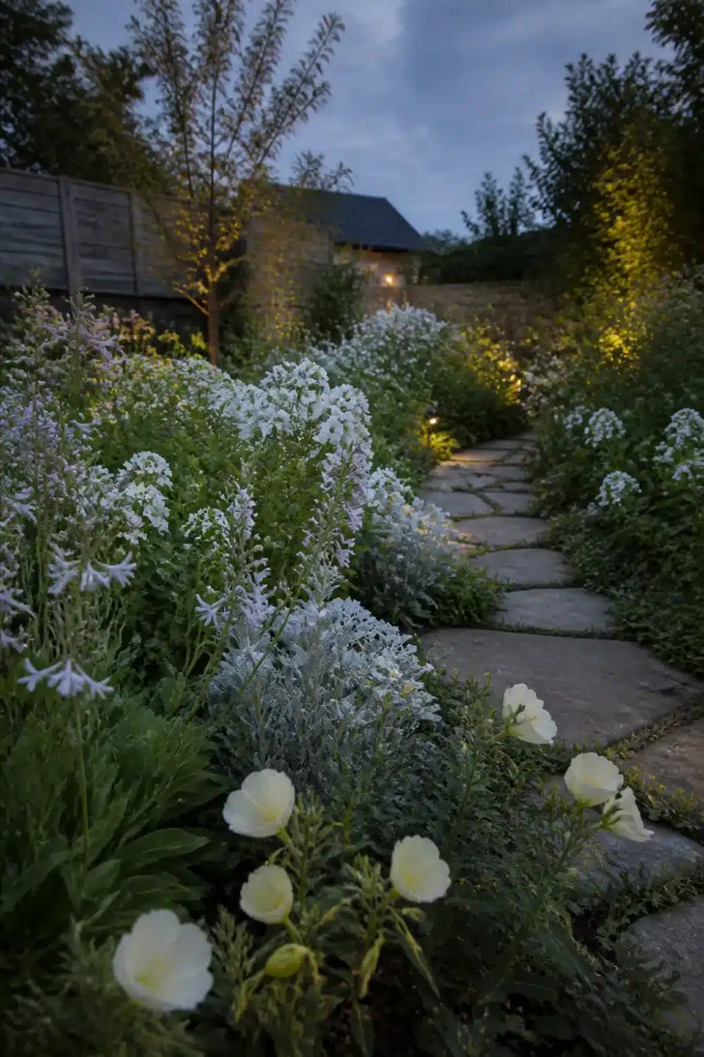White moon garden pollinator design with flagstone path, evening primrose and ground lighting at dusk
