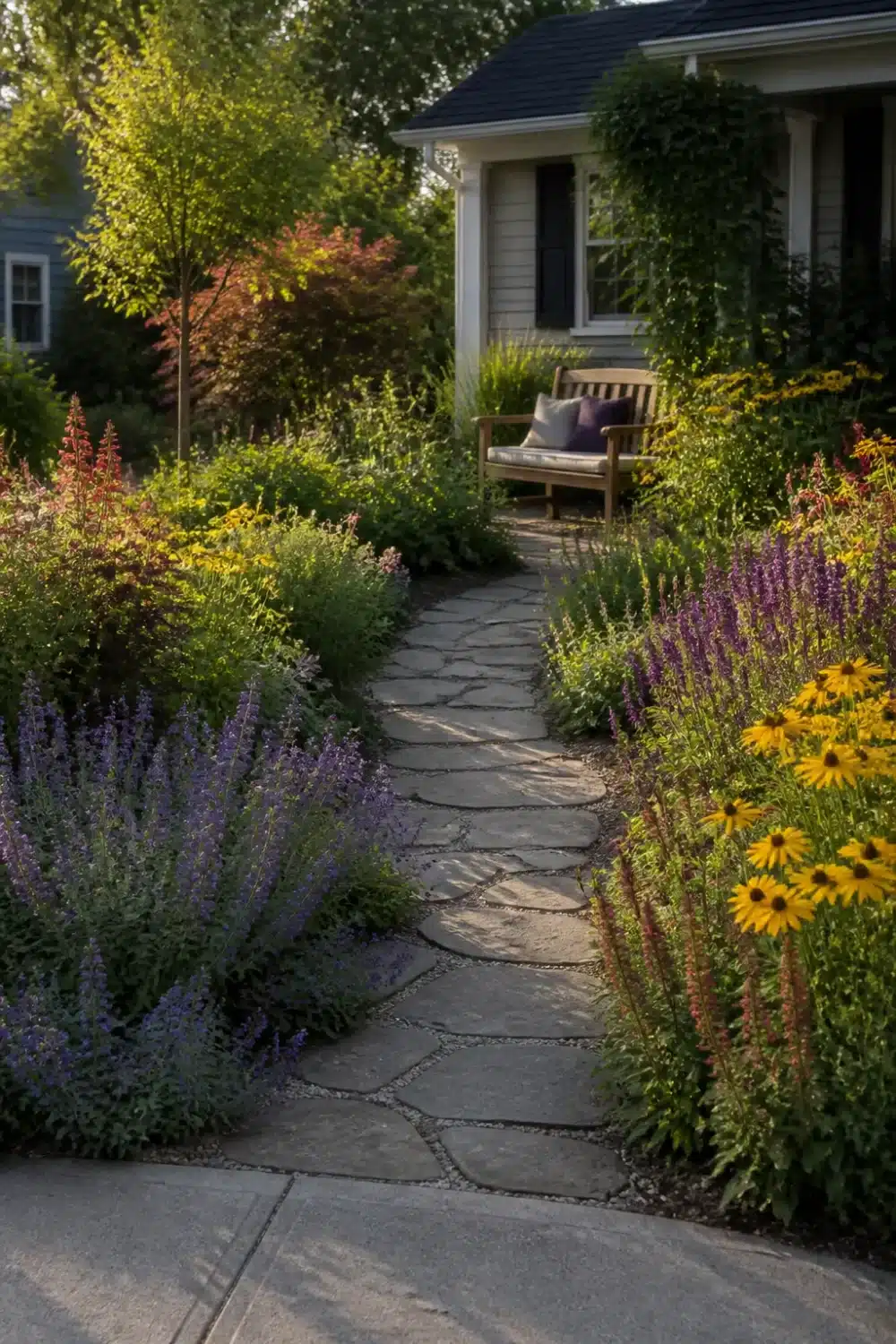 Cottage front yard pollinator garden design with flagstone path, purple salvia drifts, and yellow rudbeckia borders