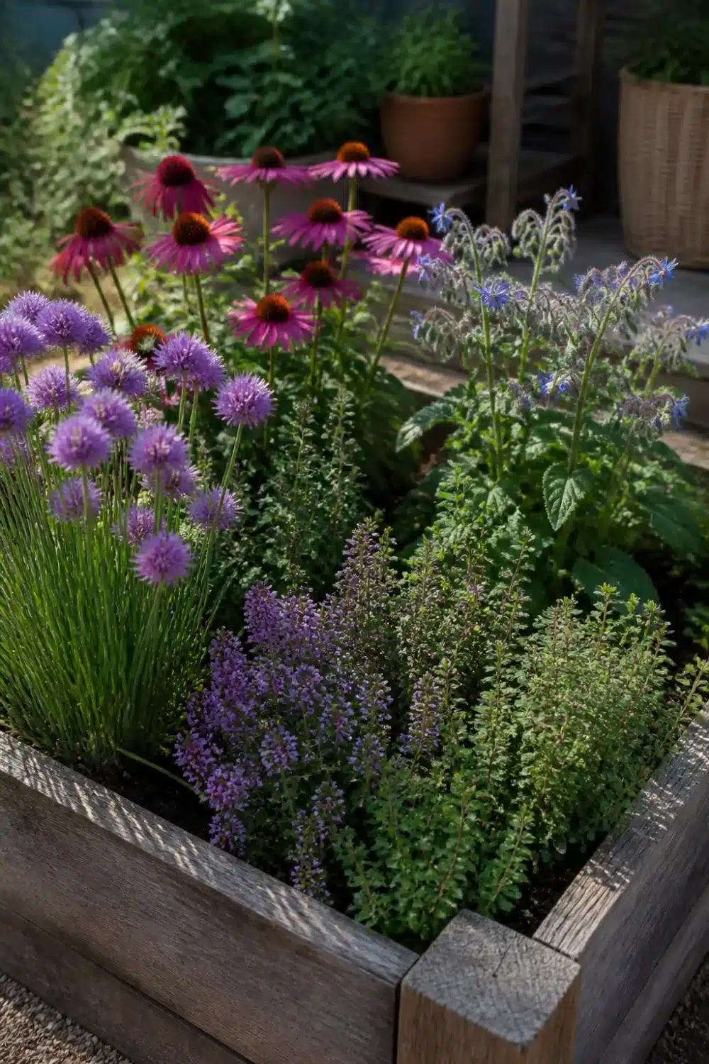 Wooden planter box pollinator garden design with chives, catmint, thyme, echinacea, and borage in bloom.