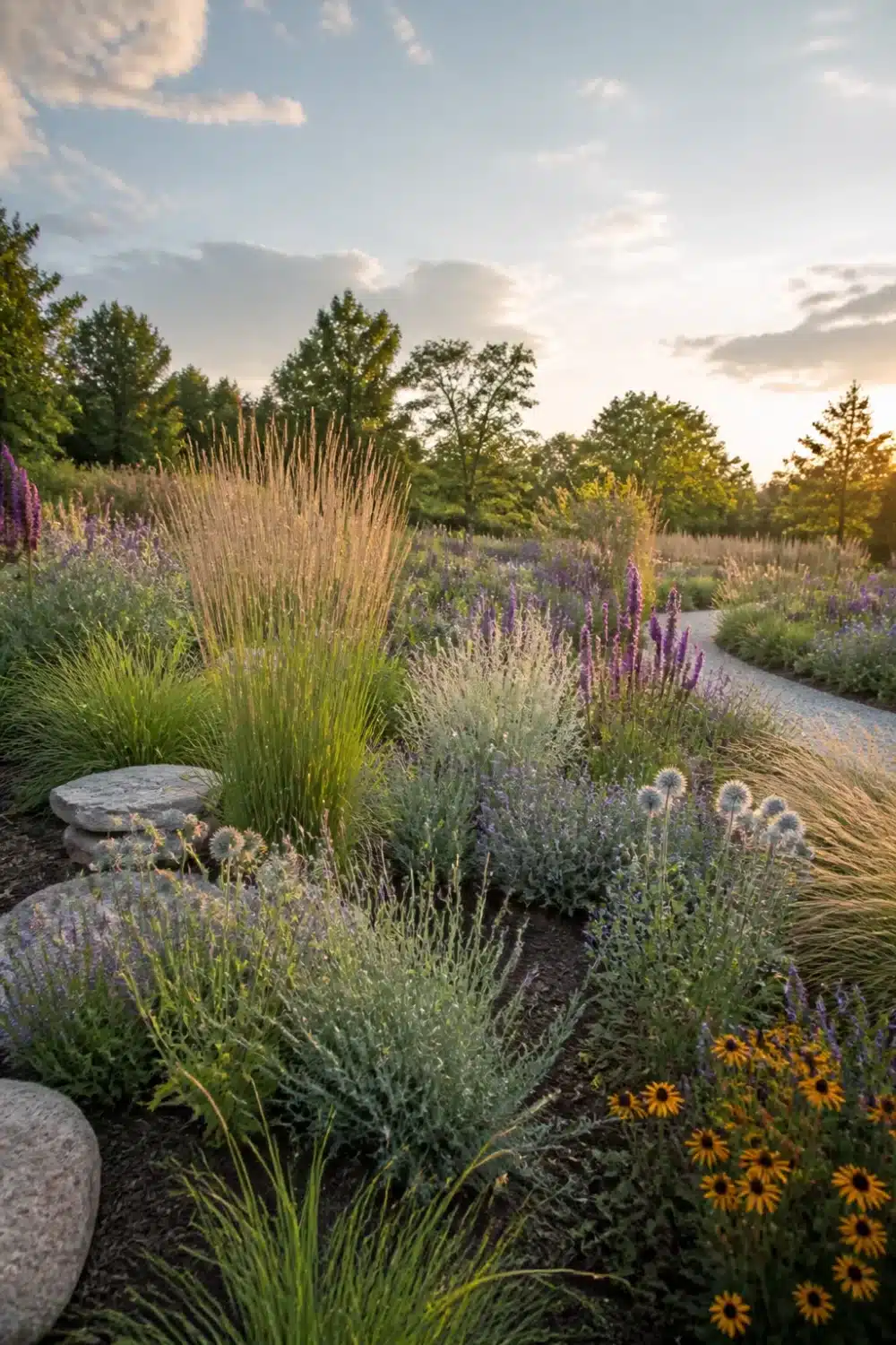 Prairie-style pollinator garden design with Karl Foerster grass, globe thistle, lavender, and black-eyed Susans at sunset