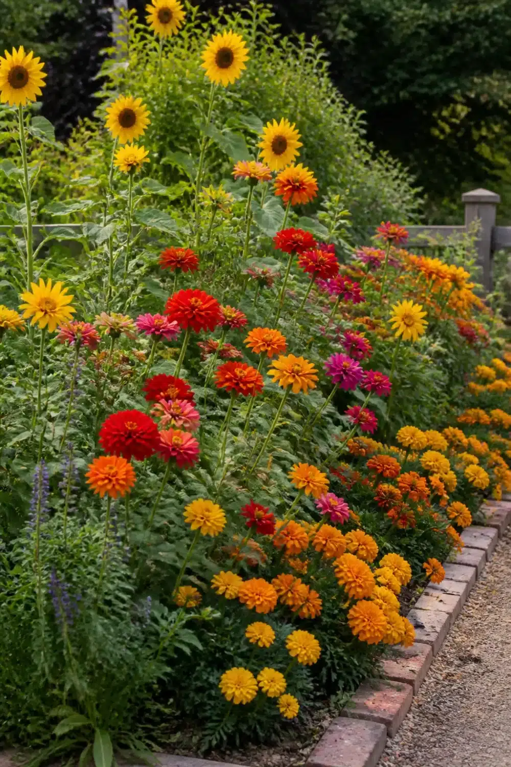 Colorful annual pollinator garden design with sunflowers, zinnias, and marigolds in a layered brick-edged border.