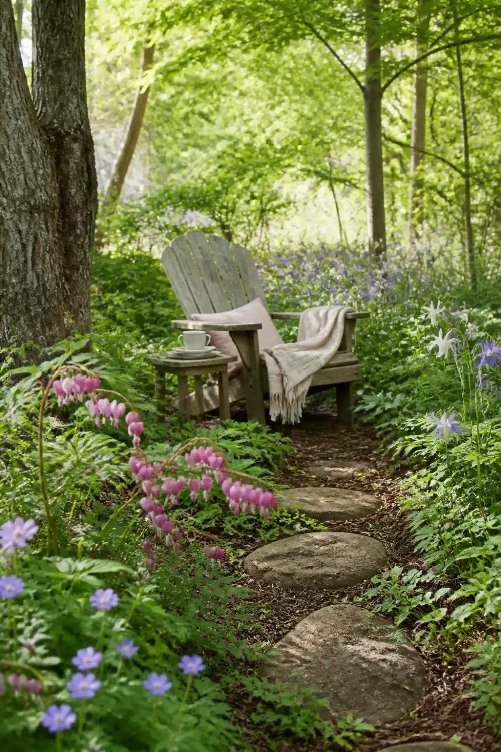 Woodland pollinator garden design with bleeding heart, columbine, bluebells, stepping-stone path, and Adirondack chair.