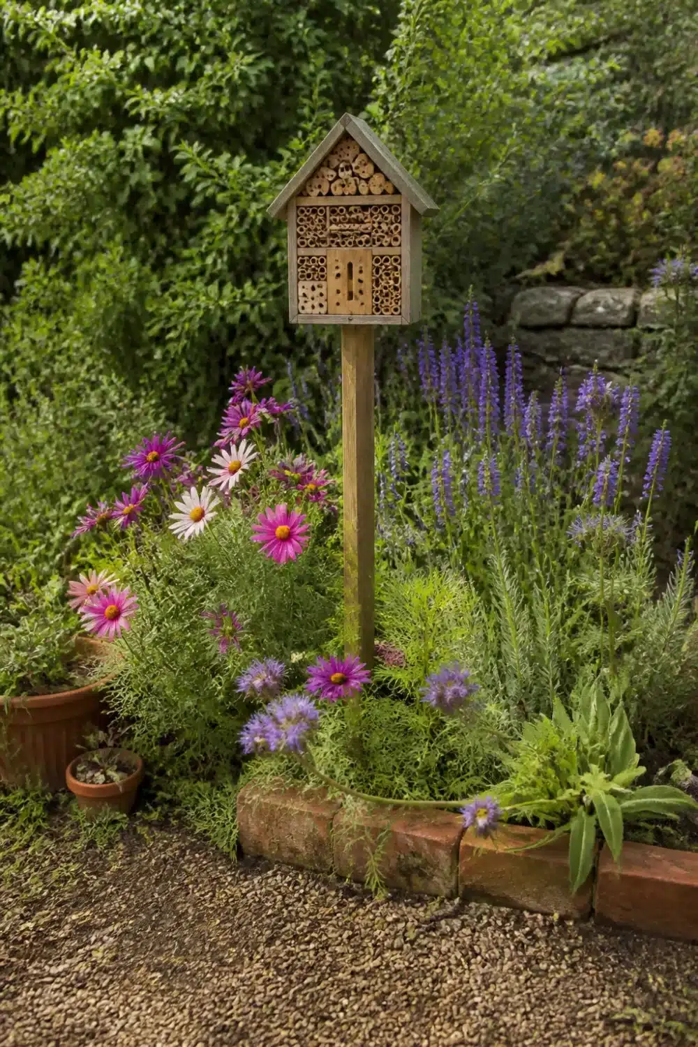 Wooden bee hotel on a post surrounded by pink daisies and purple salvia in a pollinator garden design.
