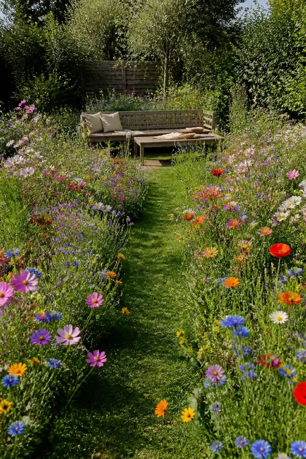 Mown grass path through wildflower meadow borders — pollinator garden design with cosmos, poppies & cornflowers