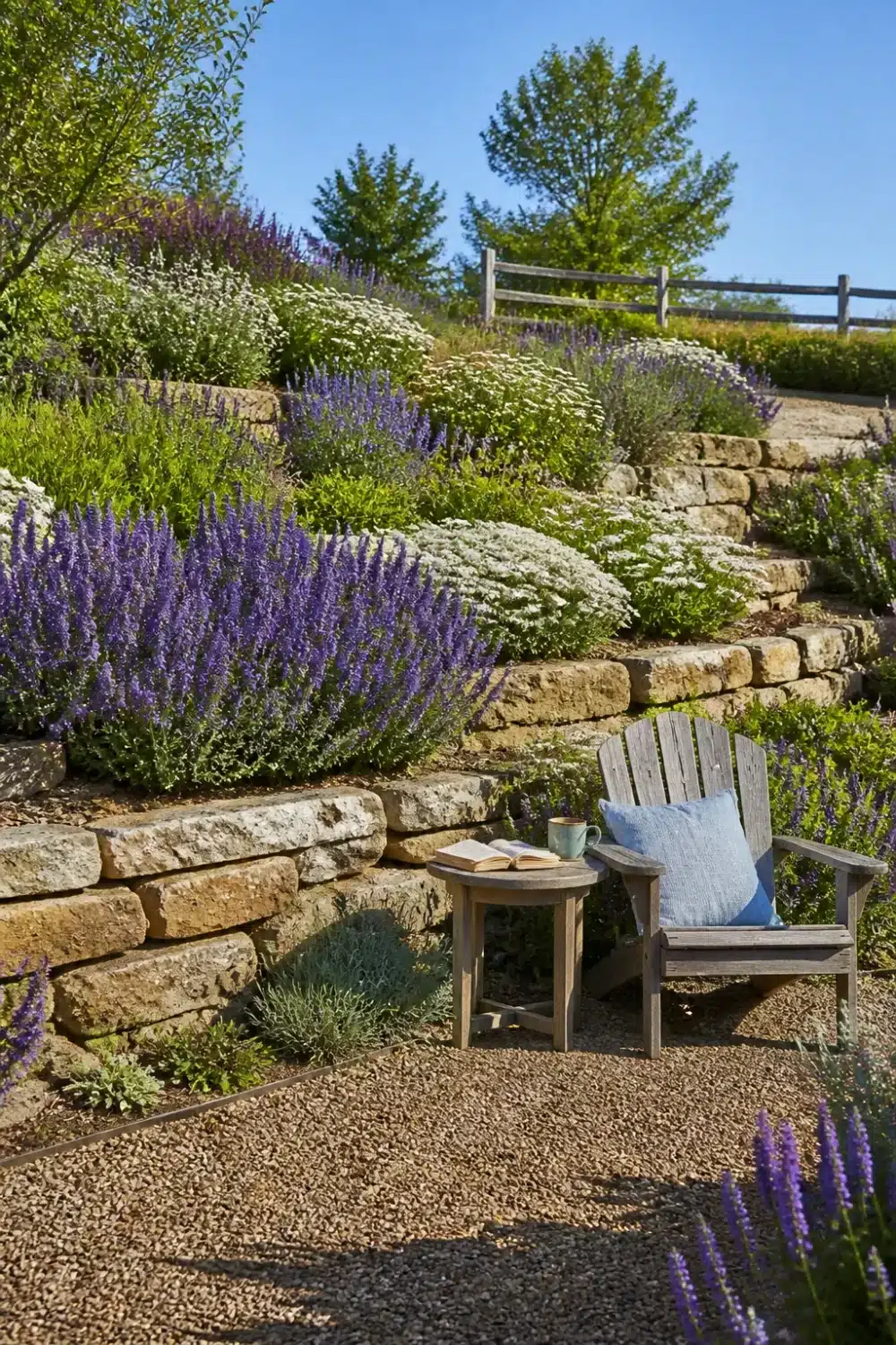 Dry stone terraced slope pollinator garden design with purple salvia, lavender, and gravel seating area.