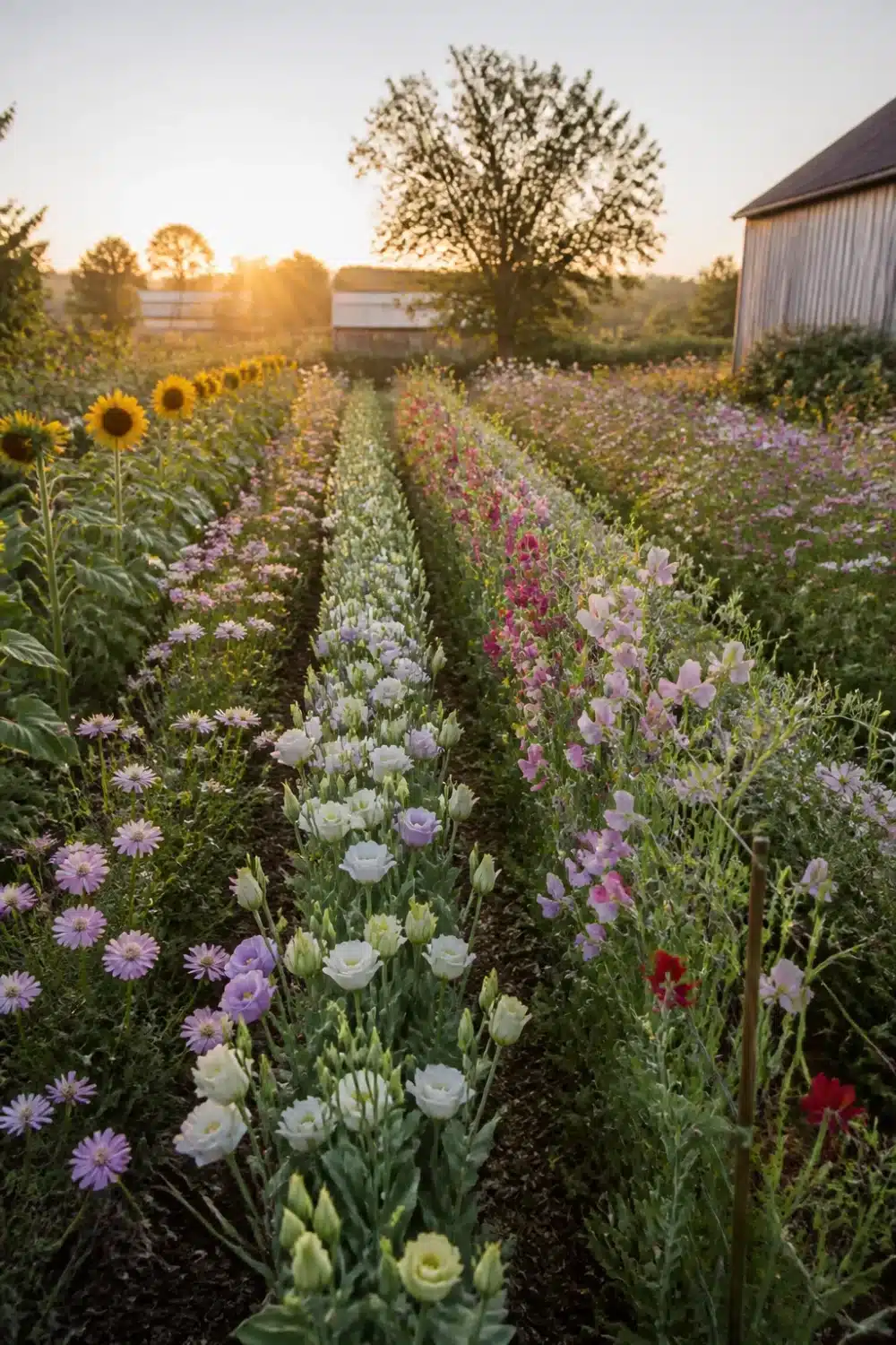 Pollinator garden design with cut flower rows of lisianthus, sweet peas, and sunflowers at golden hour