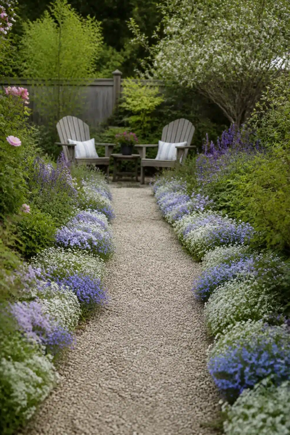 Pollinator garden design with gravel path edged in blue catmint, white alyssum, and purple phlox leading to Adirondack chairs.