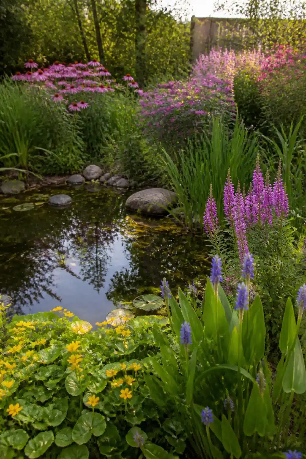 Pollinator garden design with wildlife pond, marsh marigold, loosestrife, and pickerel weed in full bloom