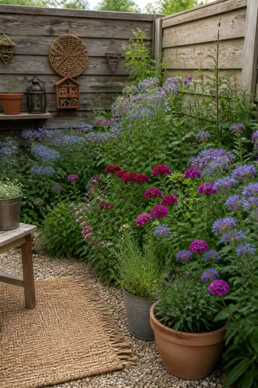 Pollinator garden design with phlox, bee balm, wicker wall art & insect hotel in a fenced backyard corner