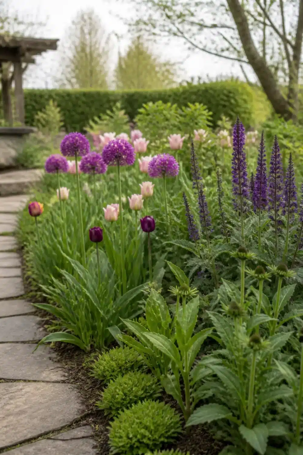 Spring pollinator garden design with purple allium globes, pink tulips, and violet salvia along a stone path border.