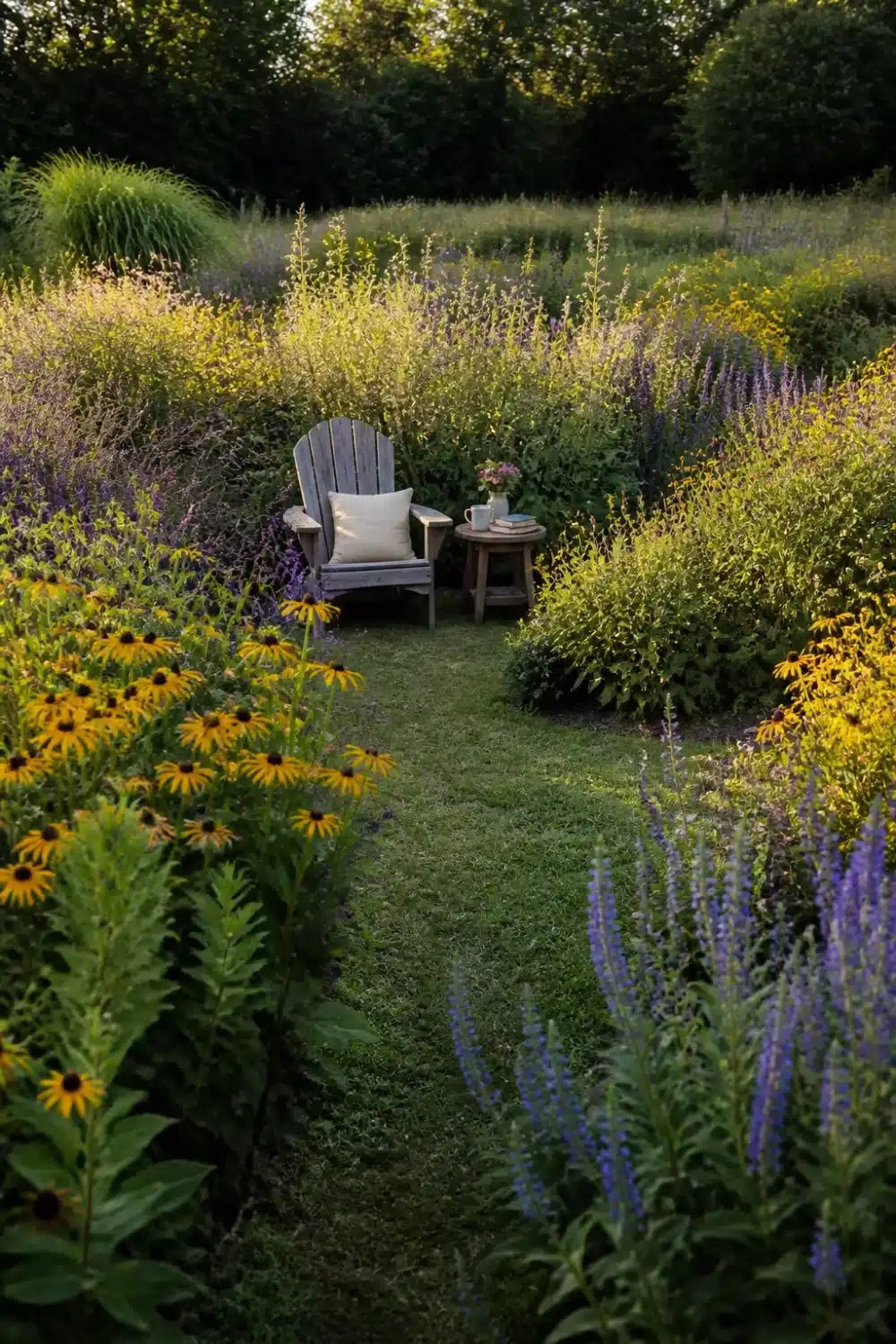 Adirondack chair surrounded by black-eyed Susans and salvia in a relaxed pollinator garden design