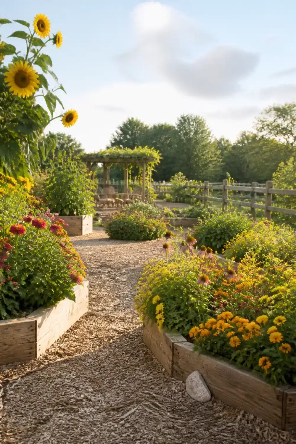 Wood chip path between timber raised beds with sunflowers and coneflowers — children's pollinator garden design