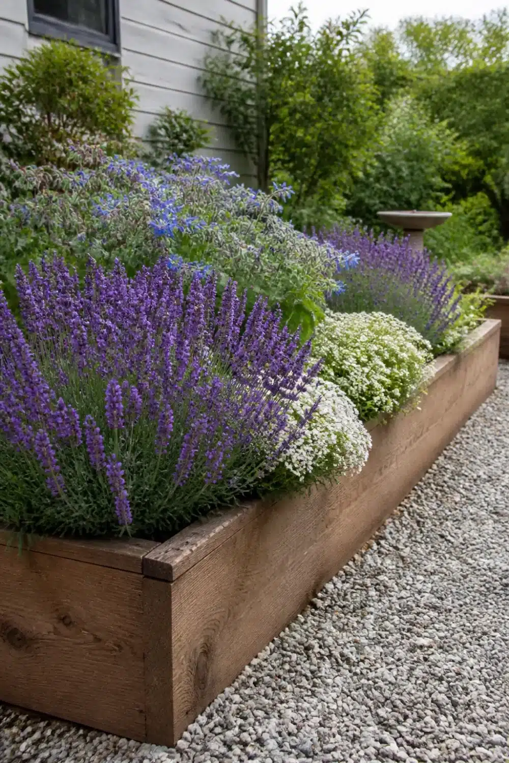 Cedar raised bed pollinator garden design with lavender, alyssum, and borage on a gravel patio