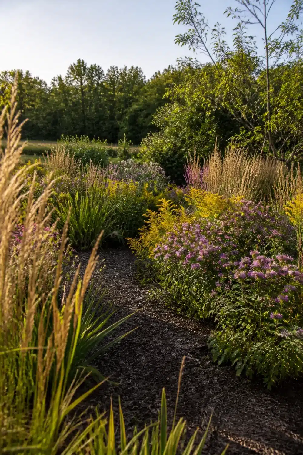 Native perennial pollinator garden design with bee balm, goldenrod, and ornamental grasses along a dark mulch path