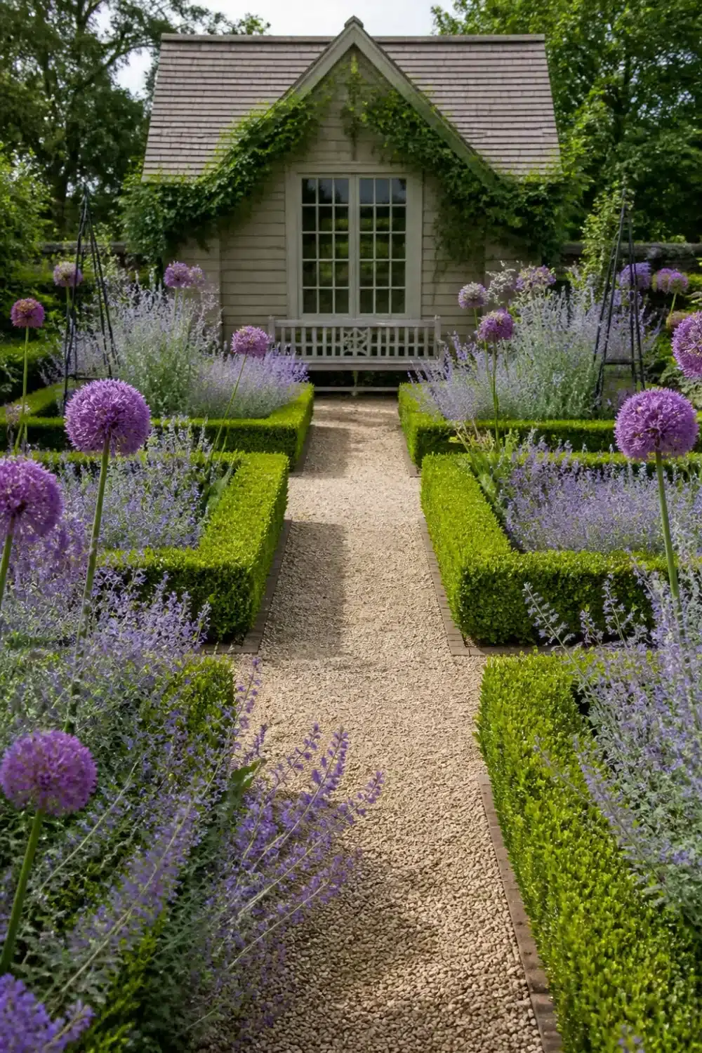 Formal pollinator garden design with clipped box parterre, purple allium spheres, and gravel path leading to garden house