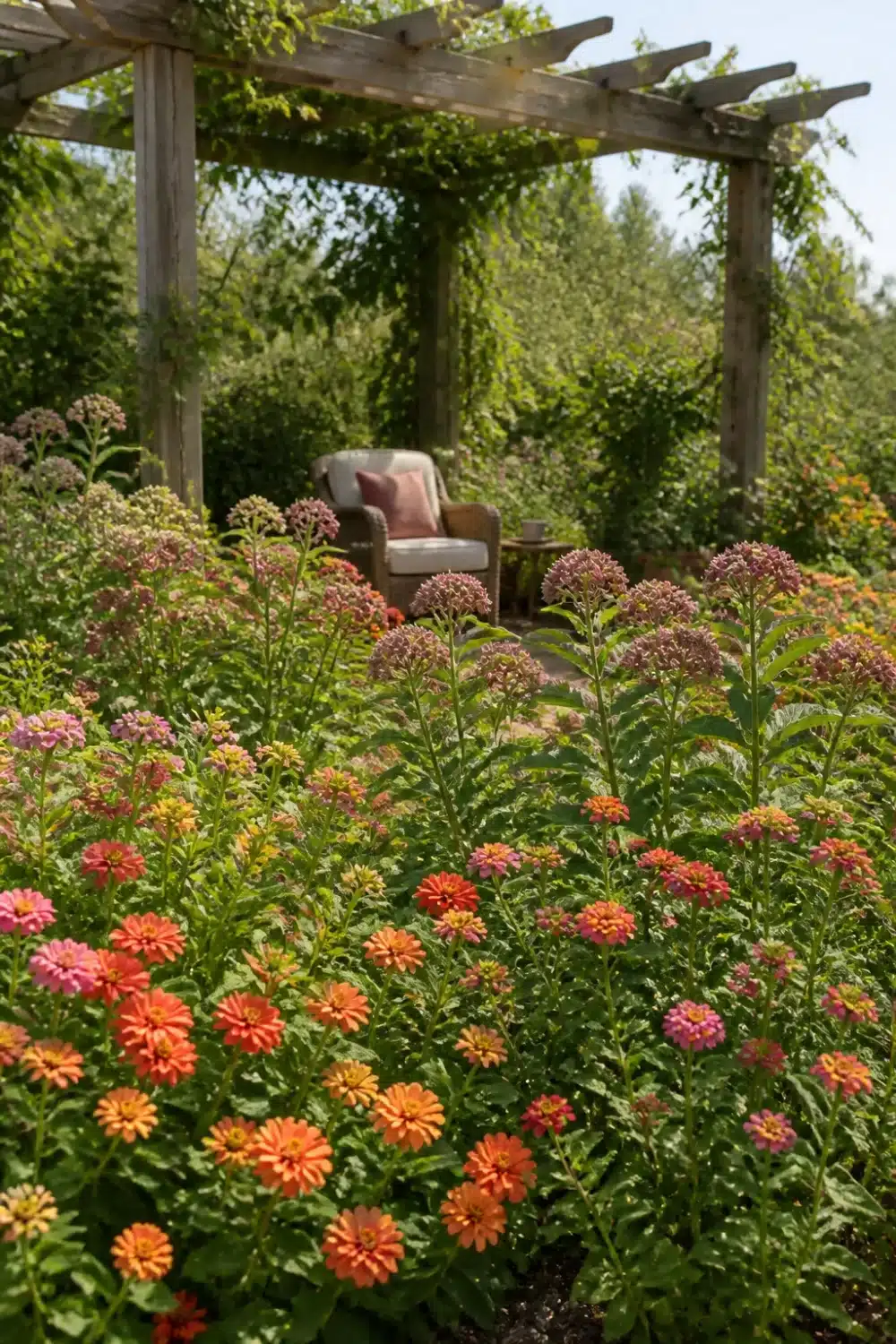 Butterfly-focused pollinator garden design with orange zinnias, Joe-Pye weed, and a pergola seating nook