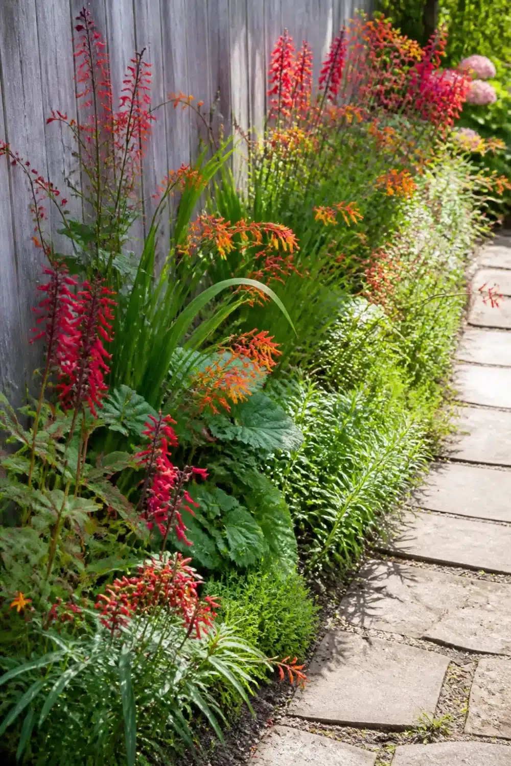 Red crocosmia and agastache pollinator garden design along a flagstone path with layered flowering plants