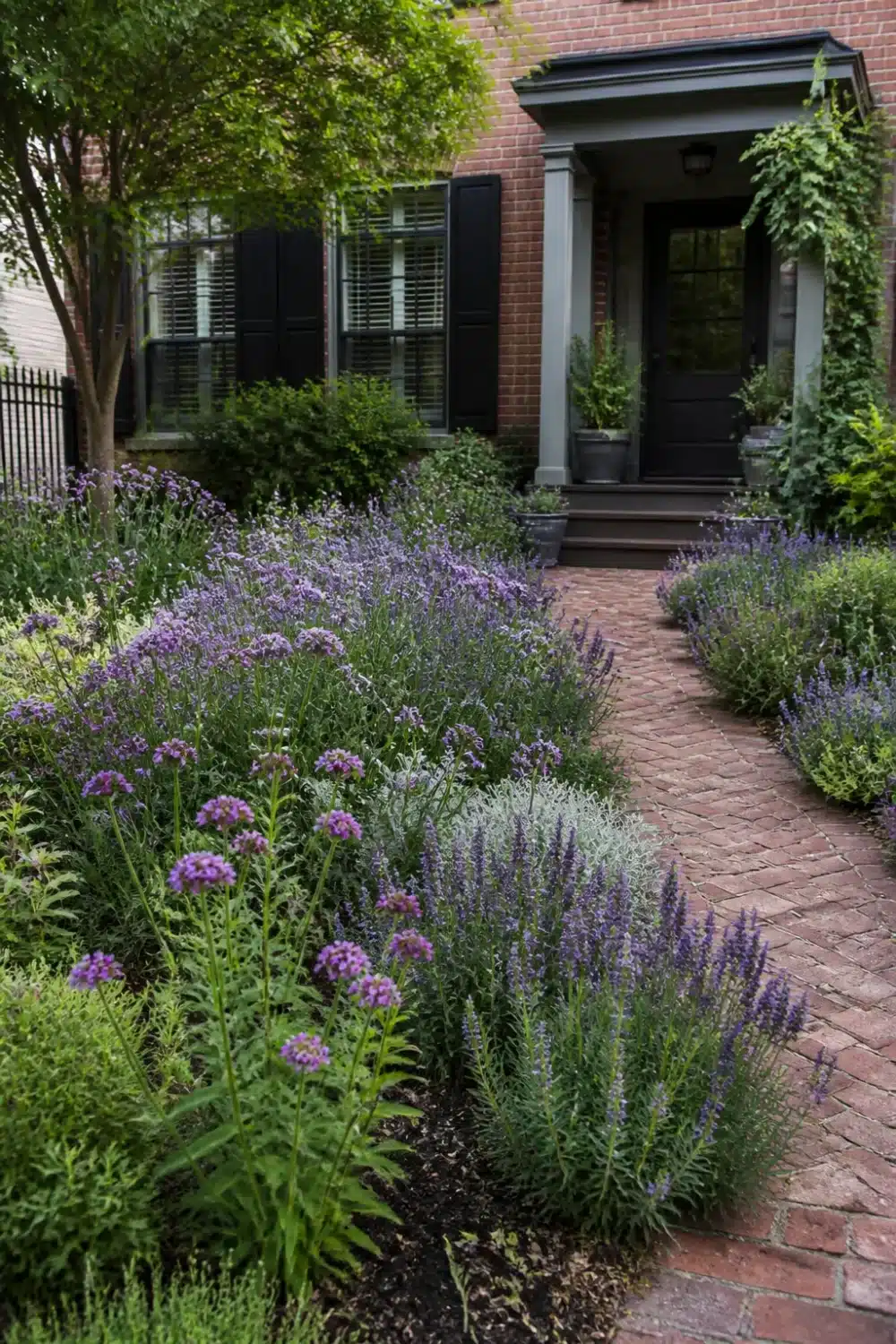 Small urban pollinator garden design with brick herringbone path, lavender, Russian sage, and verbena borders
