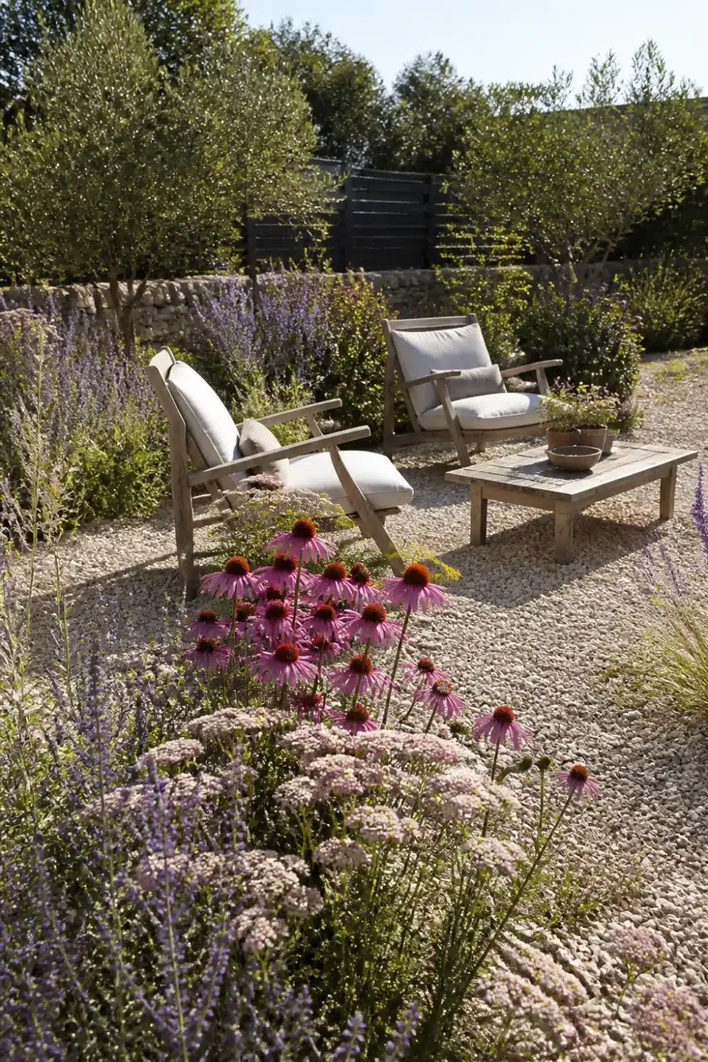 Gravel pollinator garden design with pink coneflowers, catmint, and teak seating surrounded by drought-tolerant blooms