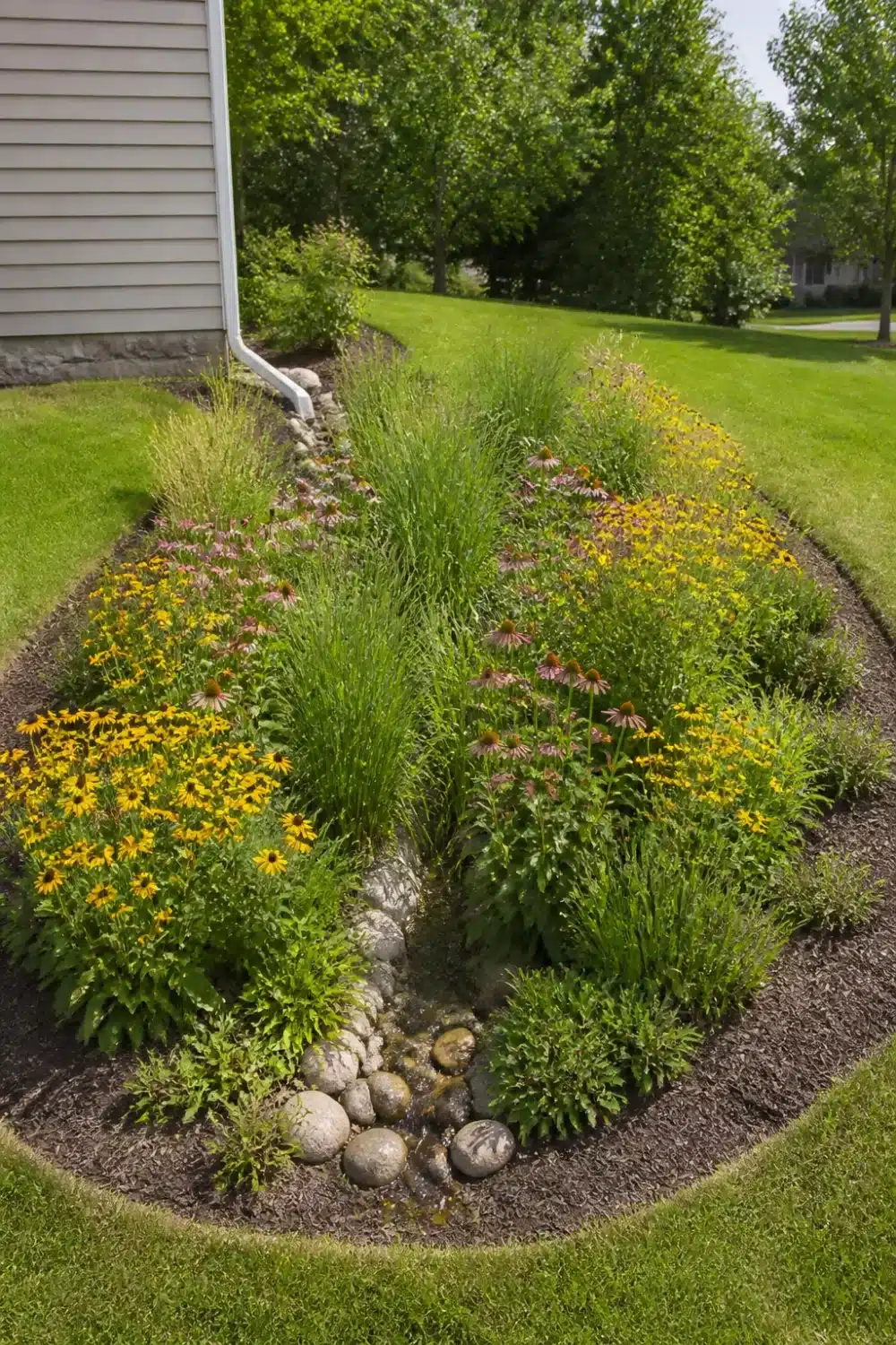 Native wildflower rain garden design with black-eyed Susans, coneflowers, and ornamental grass in a mulched basin