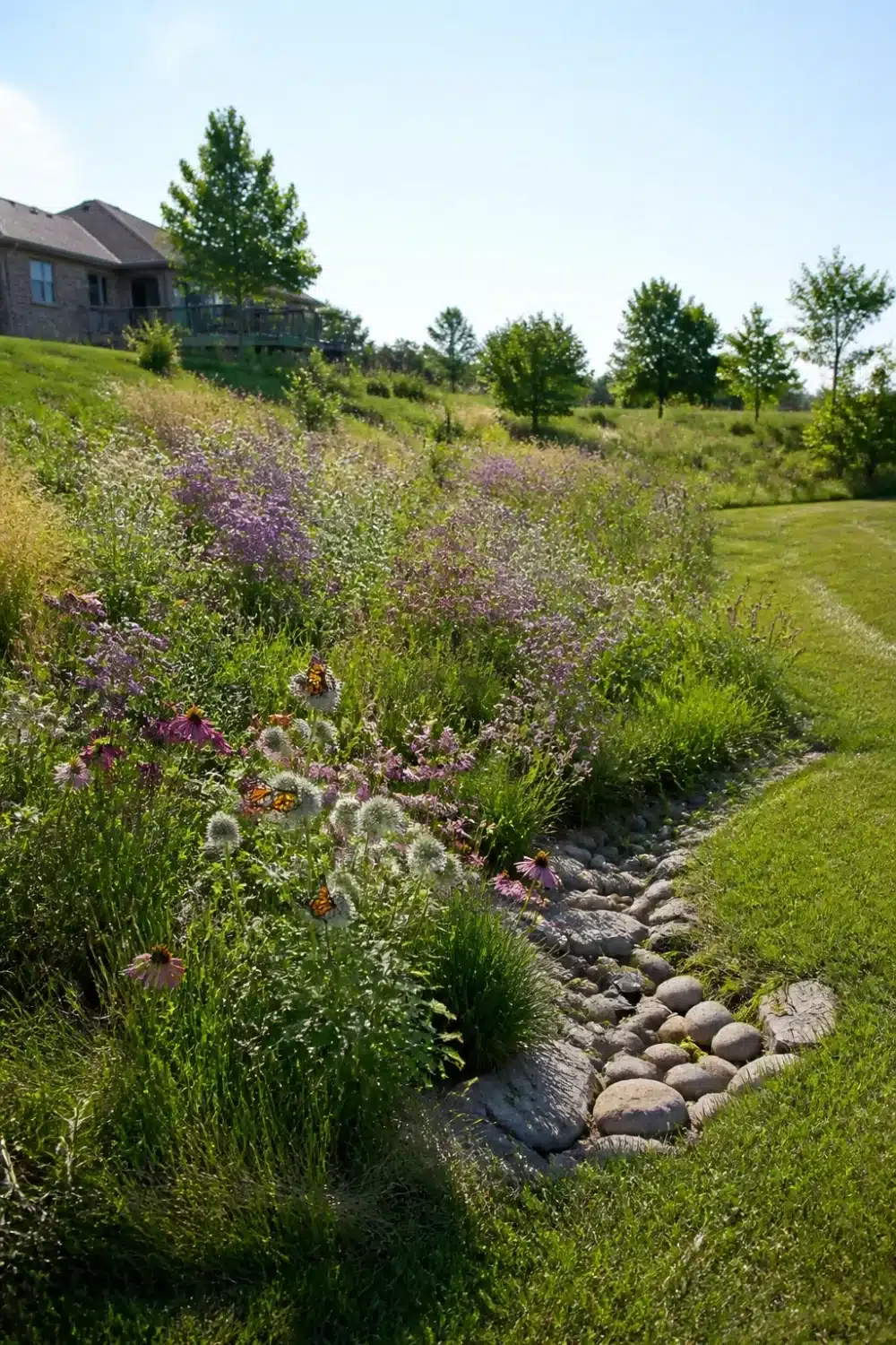 Pollinator rain garden design with native wildflower swale, river rock drainage channel, and monarch butterflies on a sloped yard