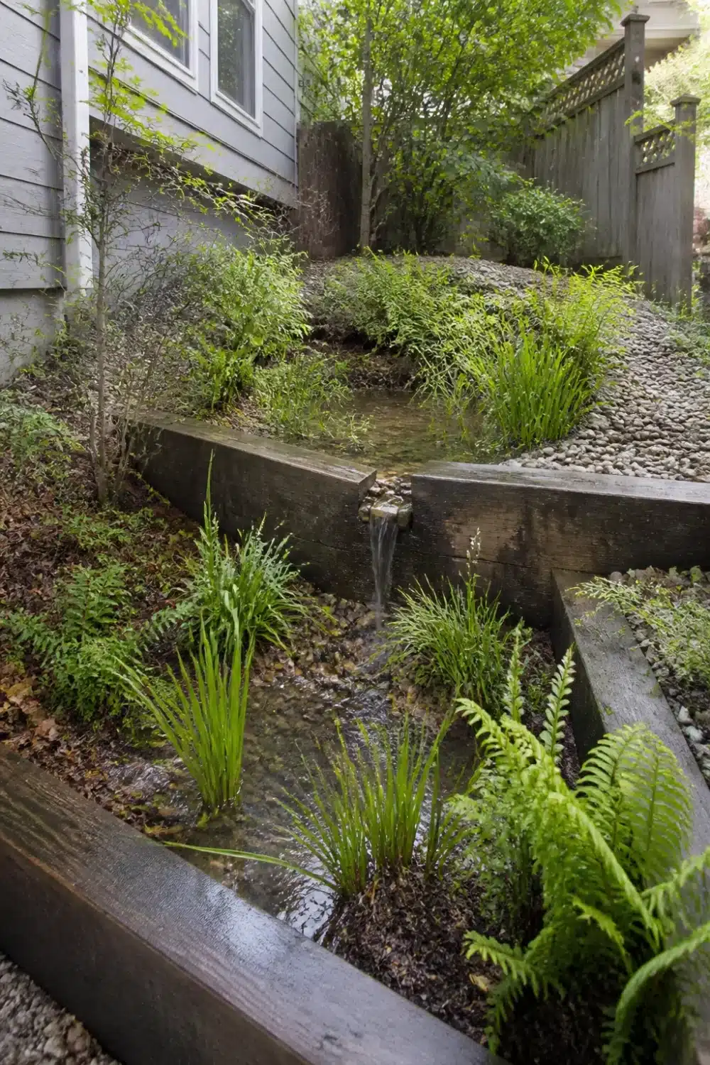 Terraced timber rain garden design on a sloped side yard with cascading water basins and ferns