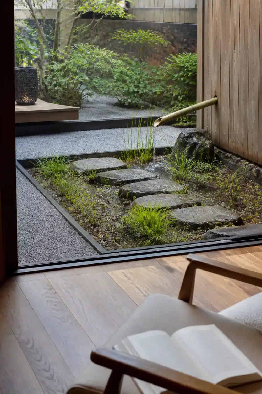 Japanese-inspired rain garden design with bamboo water spout, stepping stones, and gravel drainage basin in a courtyard