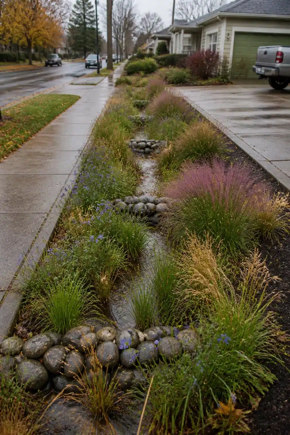 Parking strip bioswale rain garden design with river rock weirs, ornamental grasses, and open drainage channel.