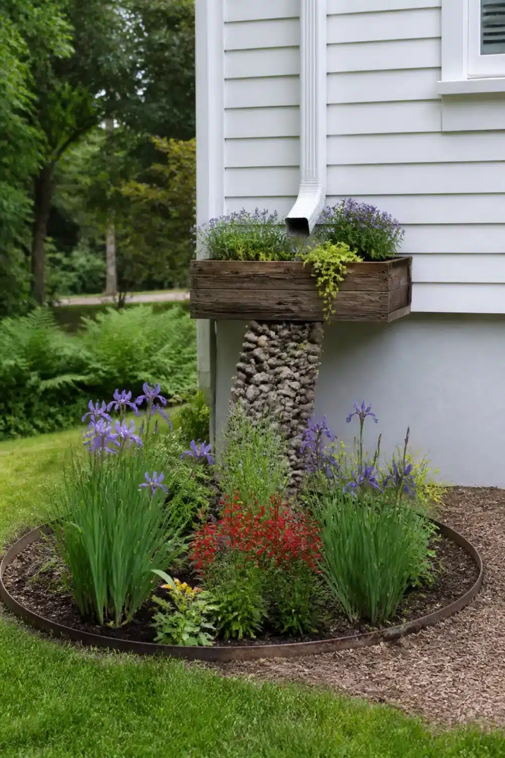 Gabion column downspout rain garden design with iris, salvia, and reclaimed wood planter beside gray siding.