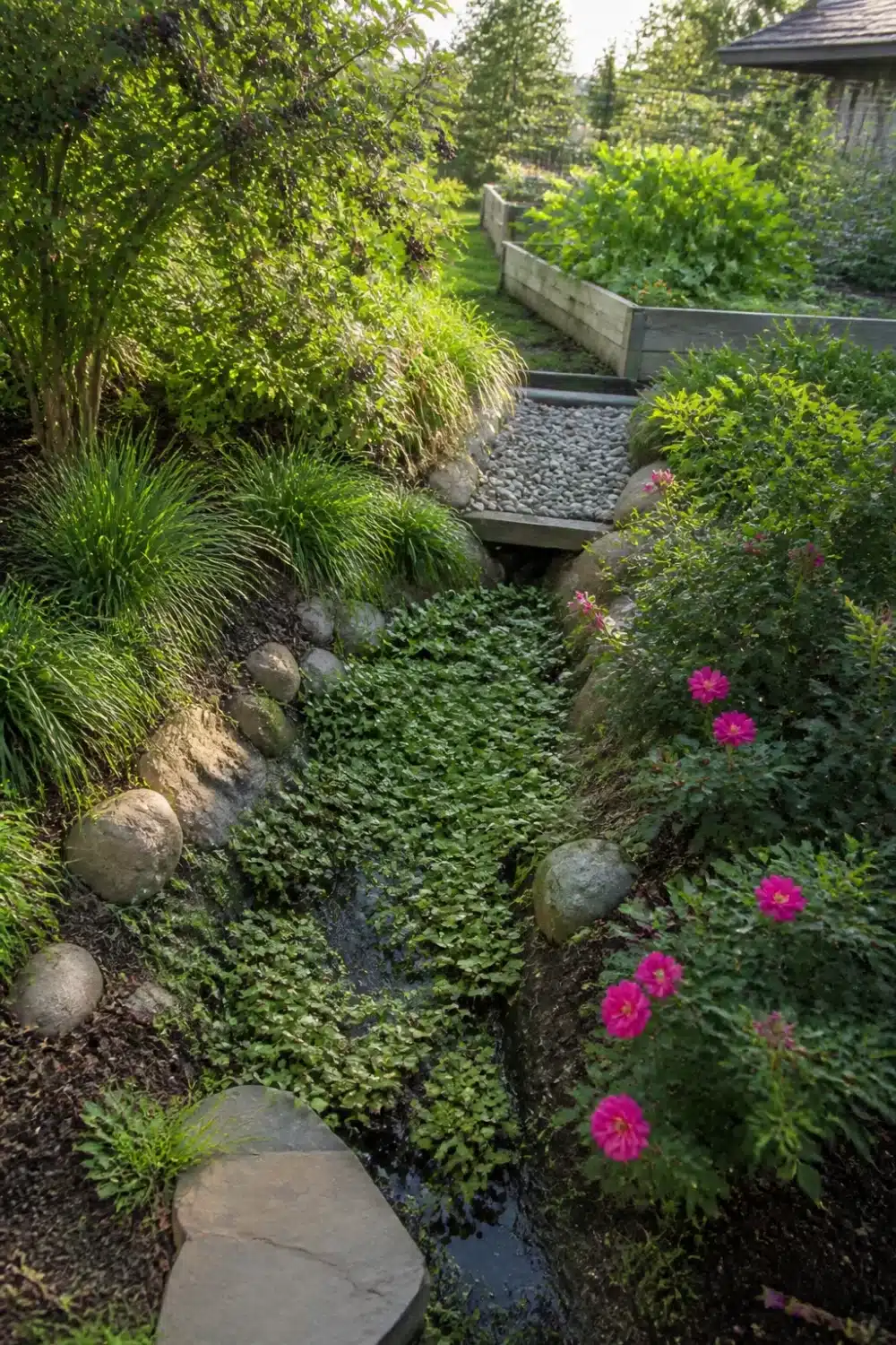Edible rain garden design with swale, ground cover, boulders, zinnias, and raised timber beds on a slope.