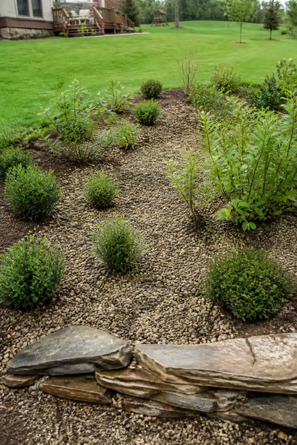 Pea gravel rain garden design with layered shrub planting and flat stone edging for drainage management