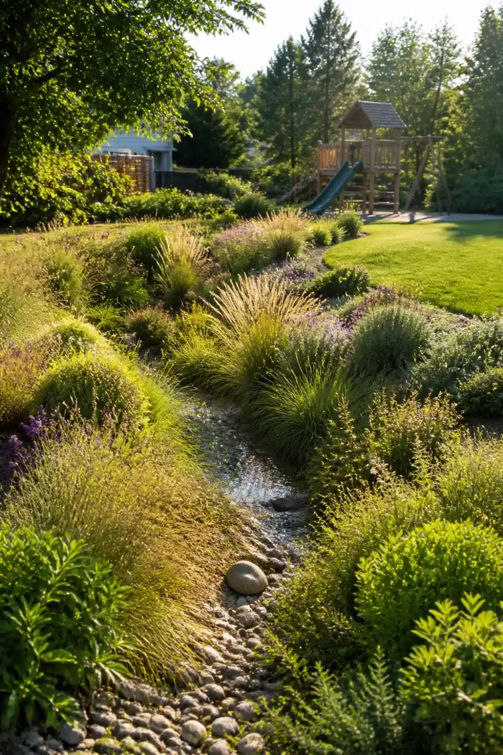Pebble stream swale rain garden design with ornamental grasses and lavender beside a children's play area