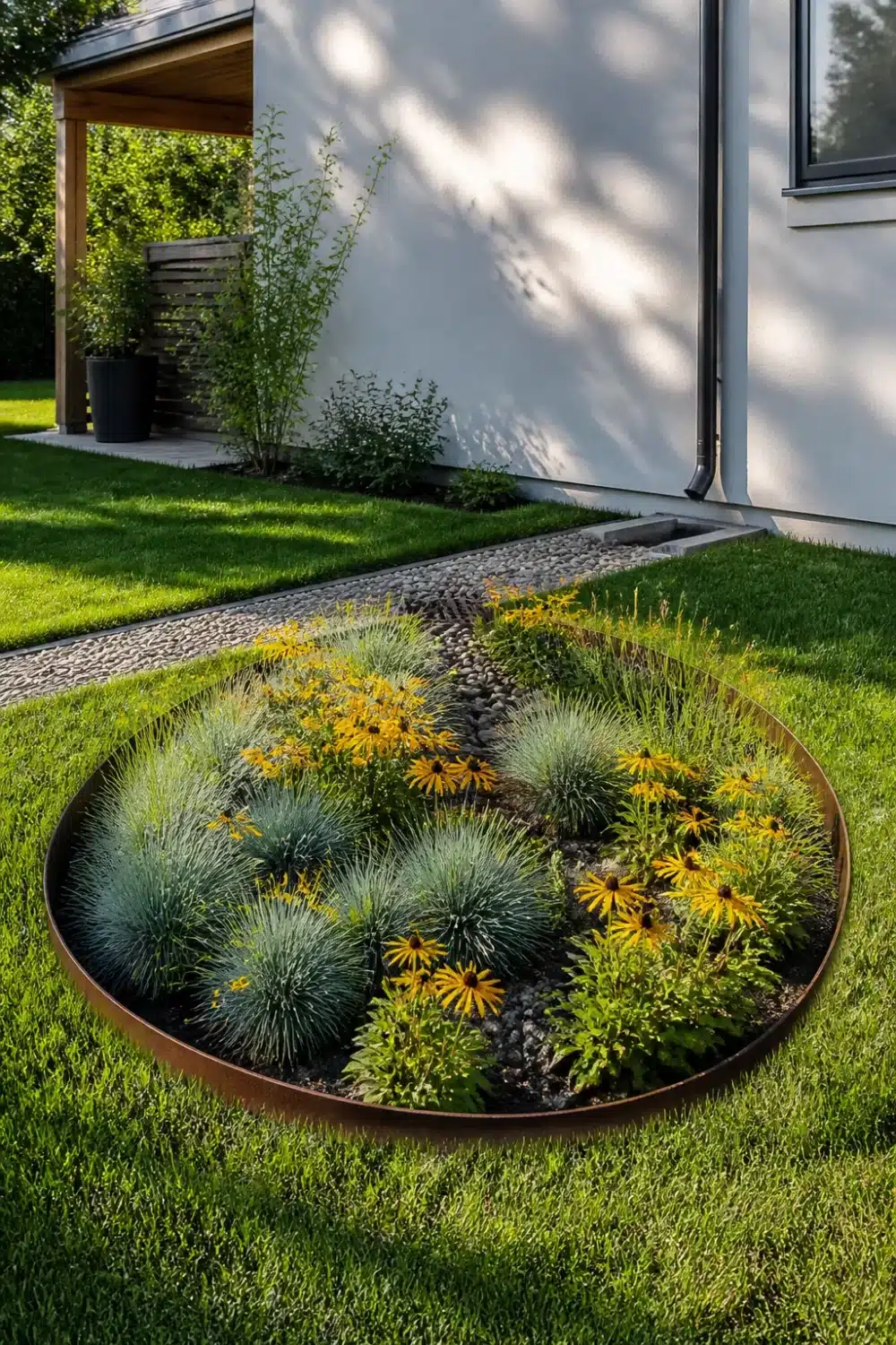 Corten steel edged rain garden design with black-eyed Susans, blue fescue, and pebble drainage channel